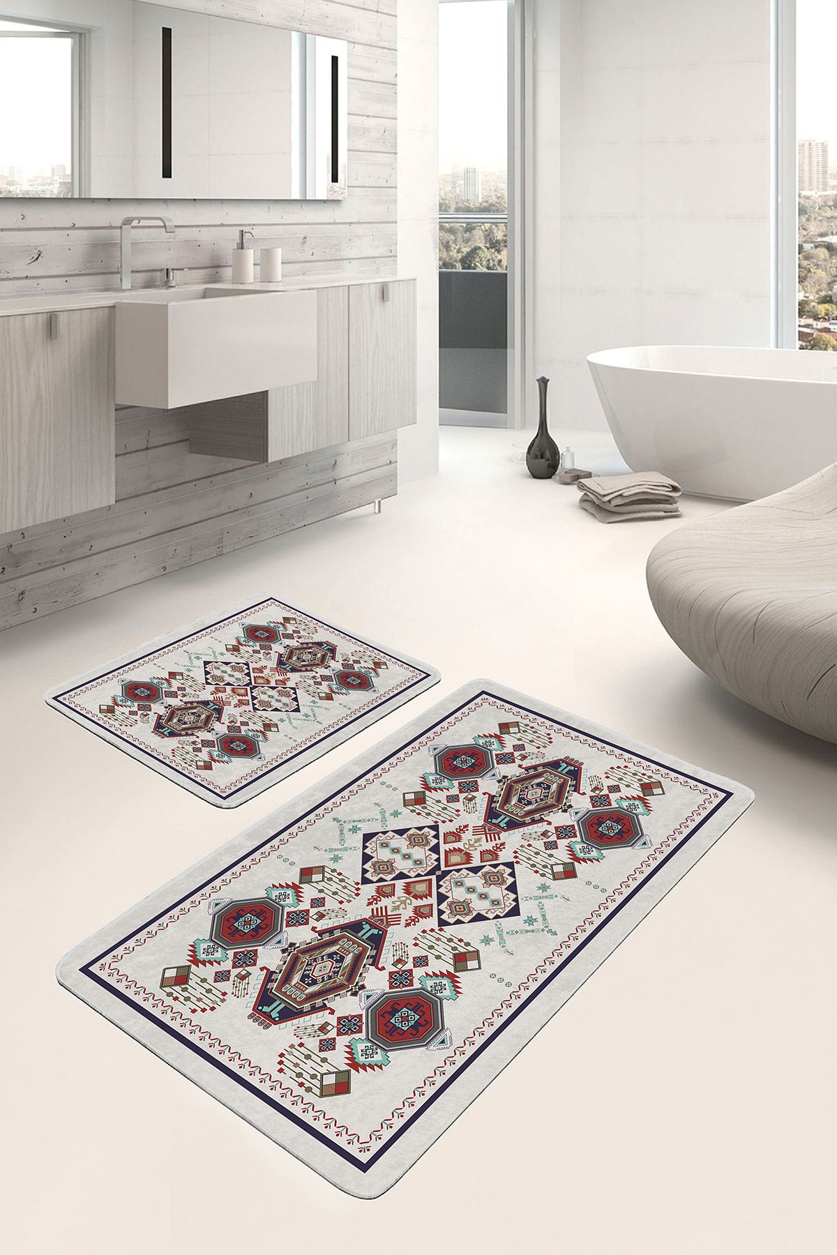 Realhomes Kırmızı - Gri Zeminde Otantik Motifli Osmanlı Etnik Motifler Vintage 2'li Banyo Mutfak Paspas Takımı