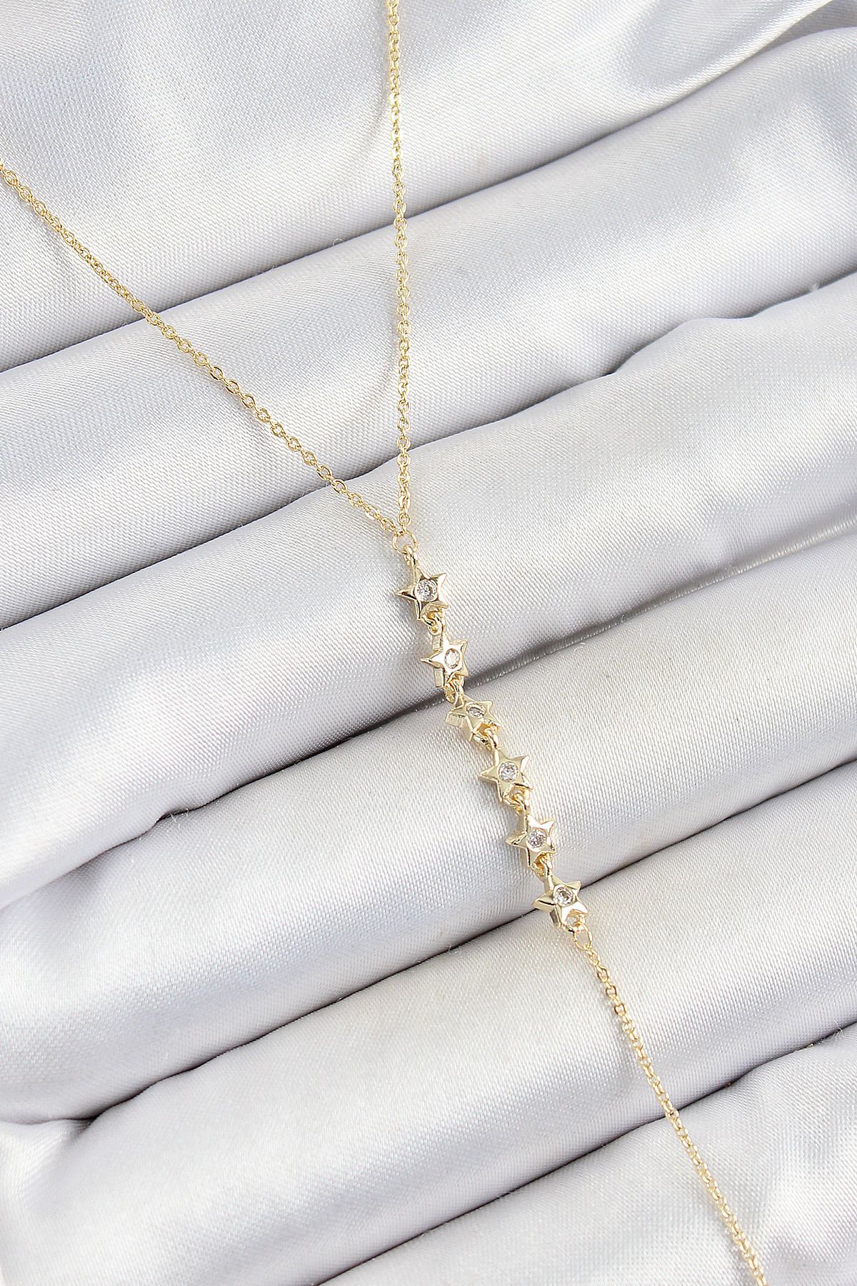 callerrons accessories Pirinç Zirkon Taşlı Sıralı Yıldız Figürlü Y Model Gold Renk Kadın Kolye - EBJ250628W35866