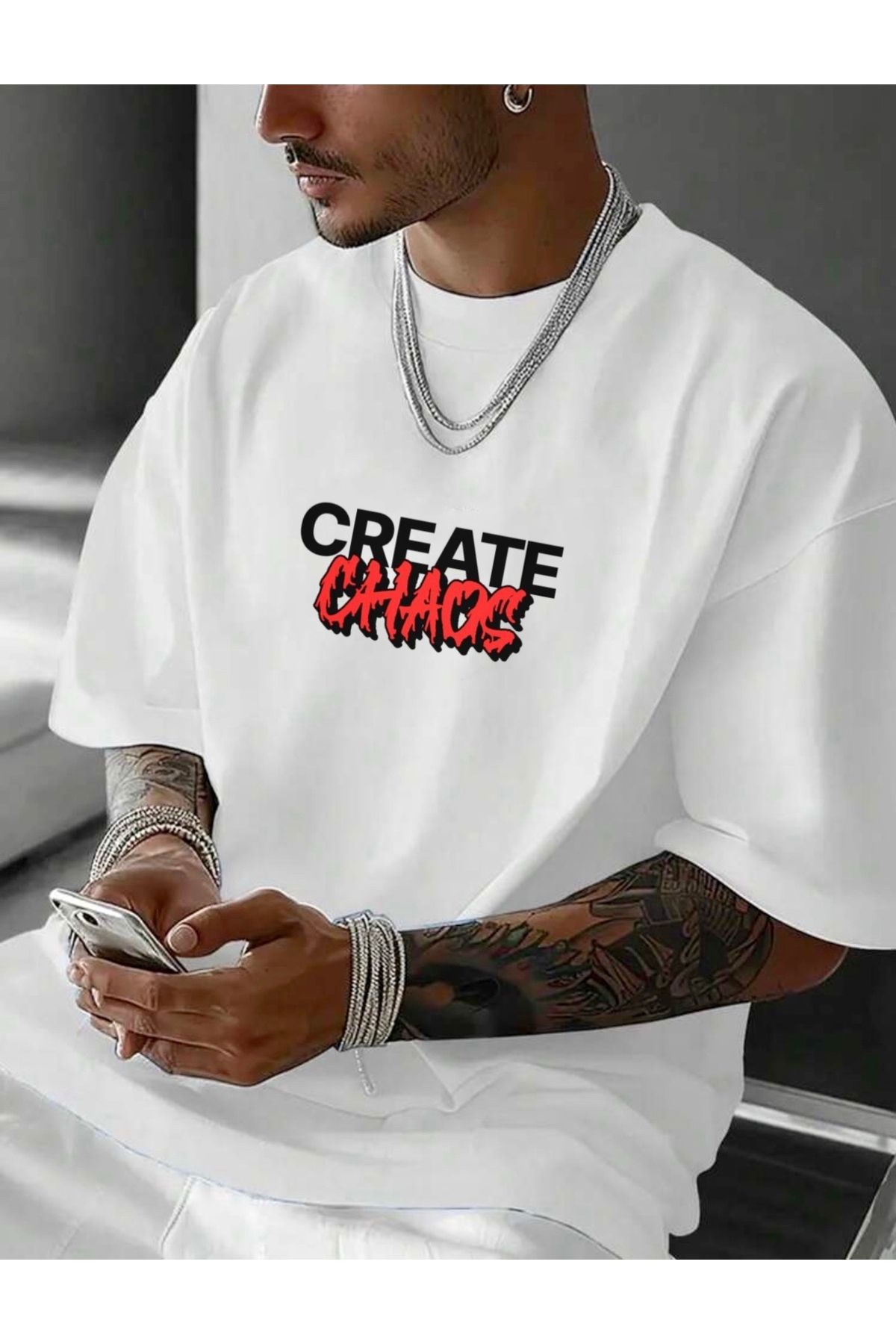 RPT MODA OVERSIZE RAHAT KALIP CHAOS BASKILI YÜKSEK KALİTE KUMAŞ ERKEK T-SHIRT