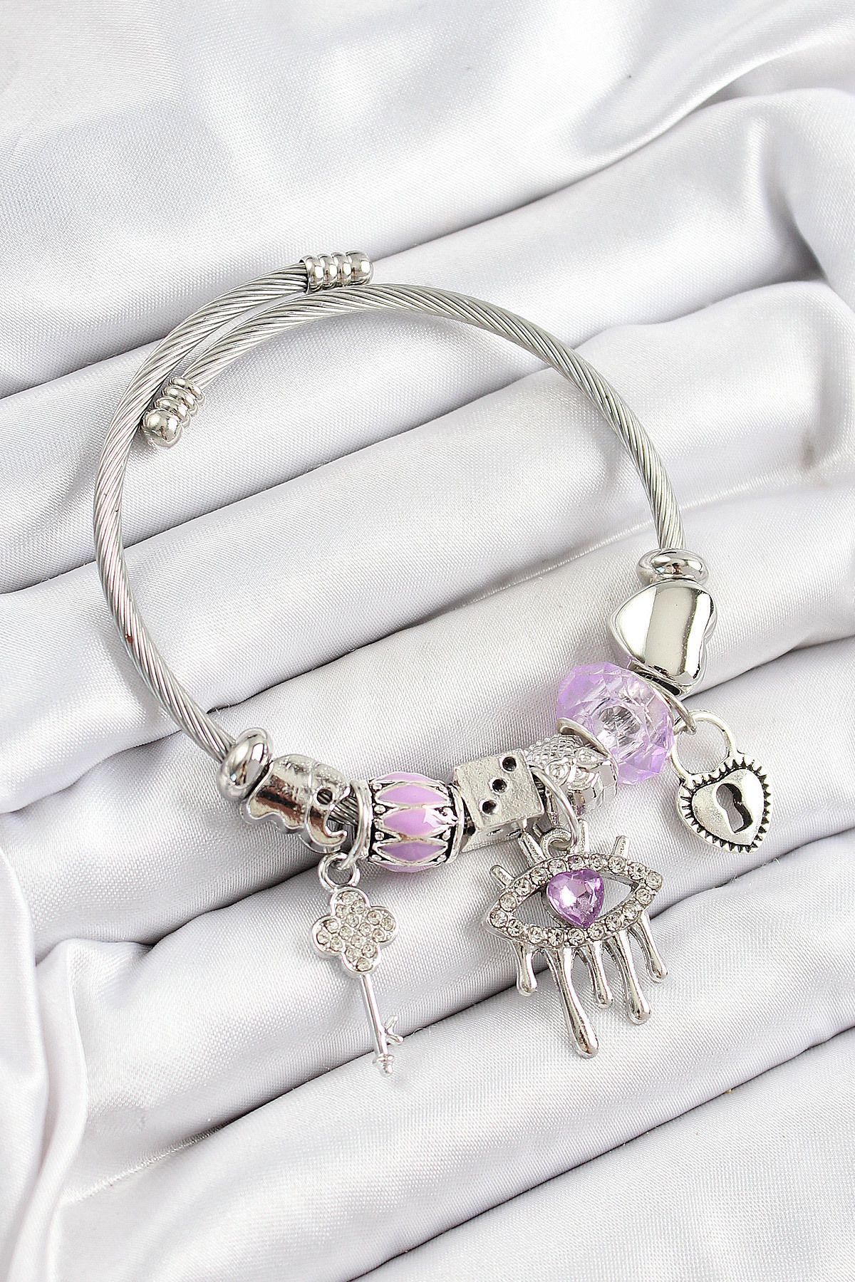 callerrons accessories Mor Zirkon Taşlı Göz Kilit Ve Anahtar Model Gümüş Renk Charm Bileklik - EBJ250628W35903