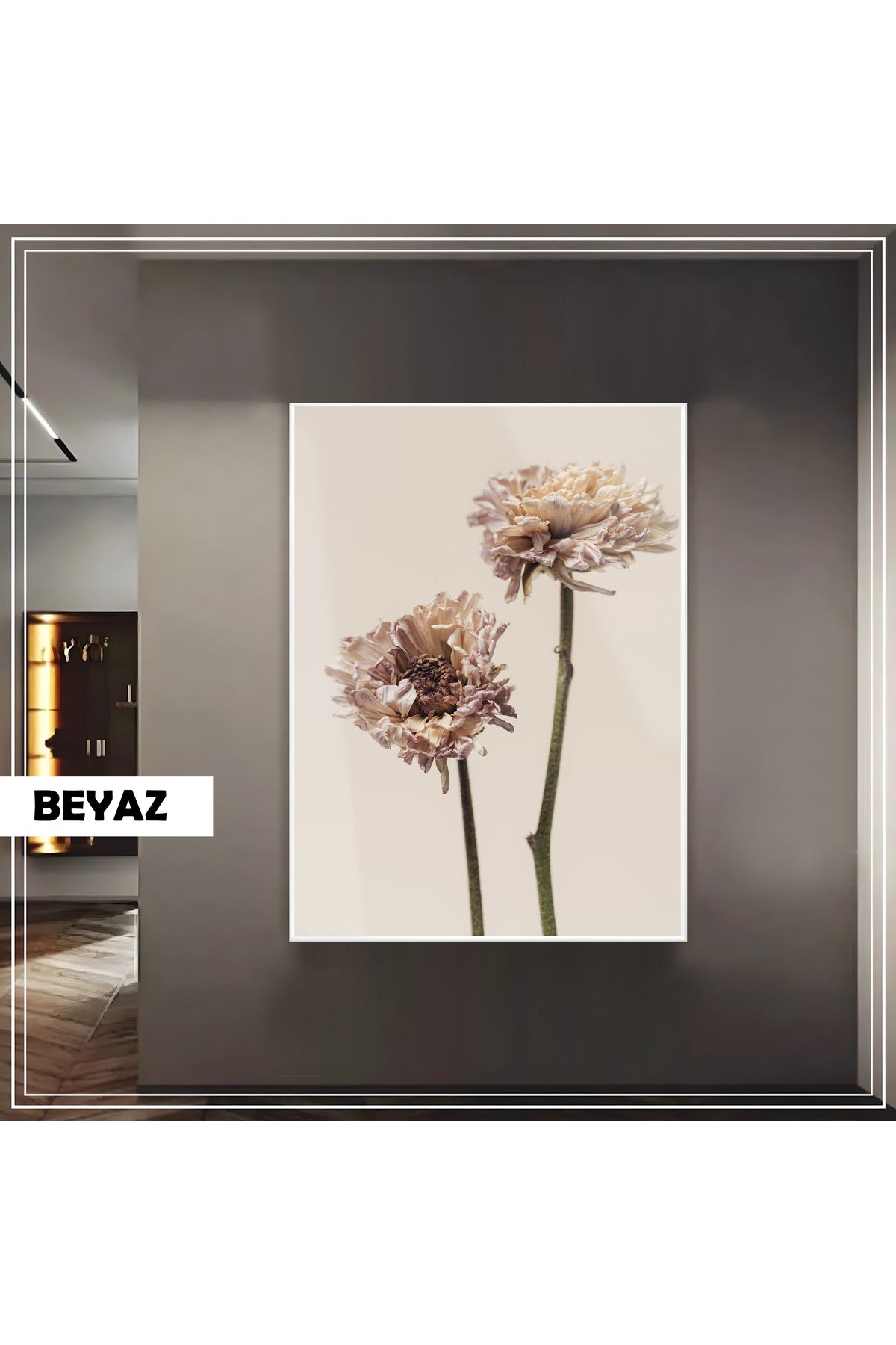 Harikabirev HARİKABİREV|KREM KURU ÇİÇEK (DRIED FLOWER) MODELİ|ÇERÇEVELİ TEMPERLİ CAM TABLO TEKLİ DİKEY