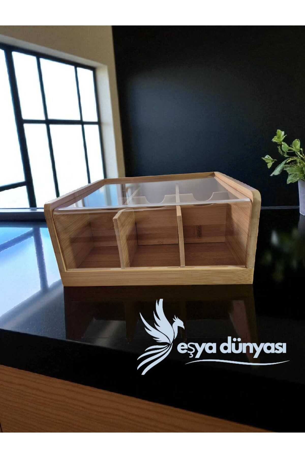 Eşya Dünyası Şeffaf Kapaklı Bambu 6 Bölmeli Çay Kutusu -%100 Bambu Şeffaf Kapak (22cm*22cm*10cm)