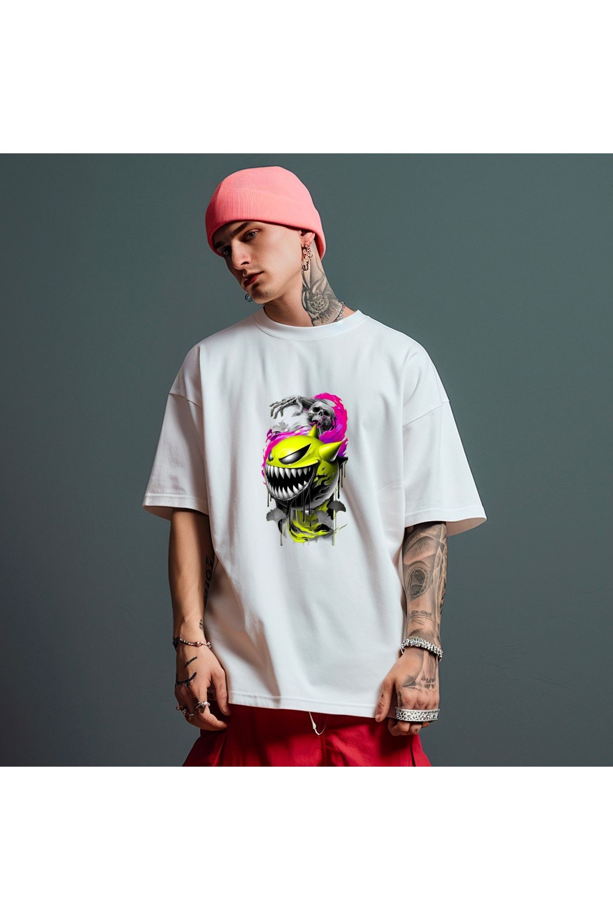 RPT MODA OVERSIZE RAHAT KALIP EMOJI BASKILI YÜKSEK KALİTE KUMAŞ ERKEK T-SHIRT