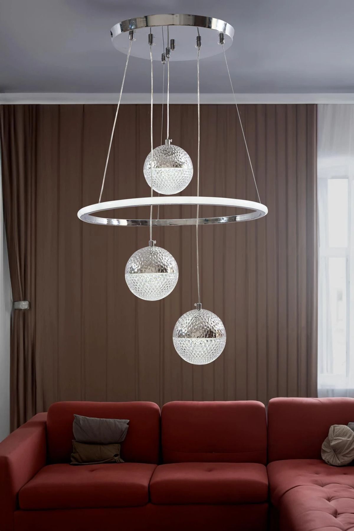 durulight Krom 3 Renk Ledli Lüks Modern Sarkık 3'LÜ Ledli Avize