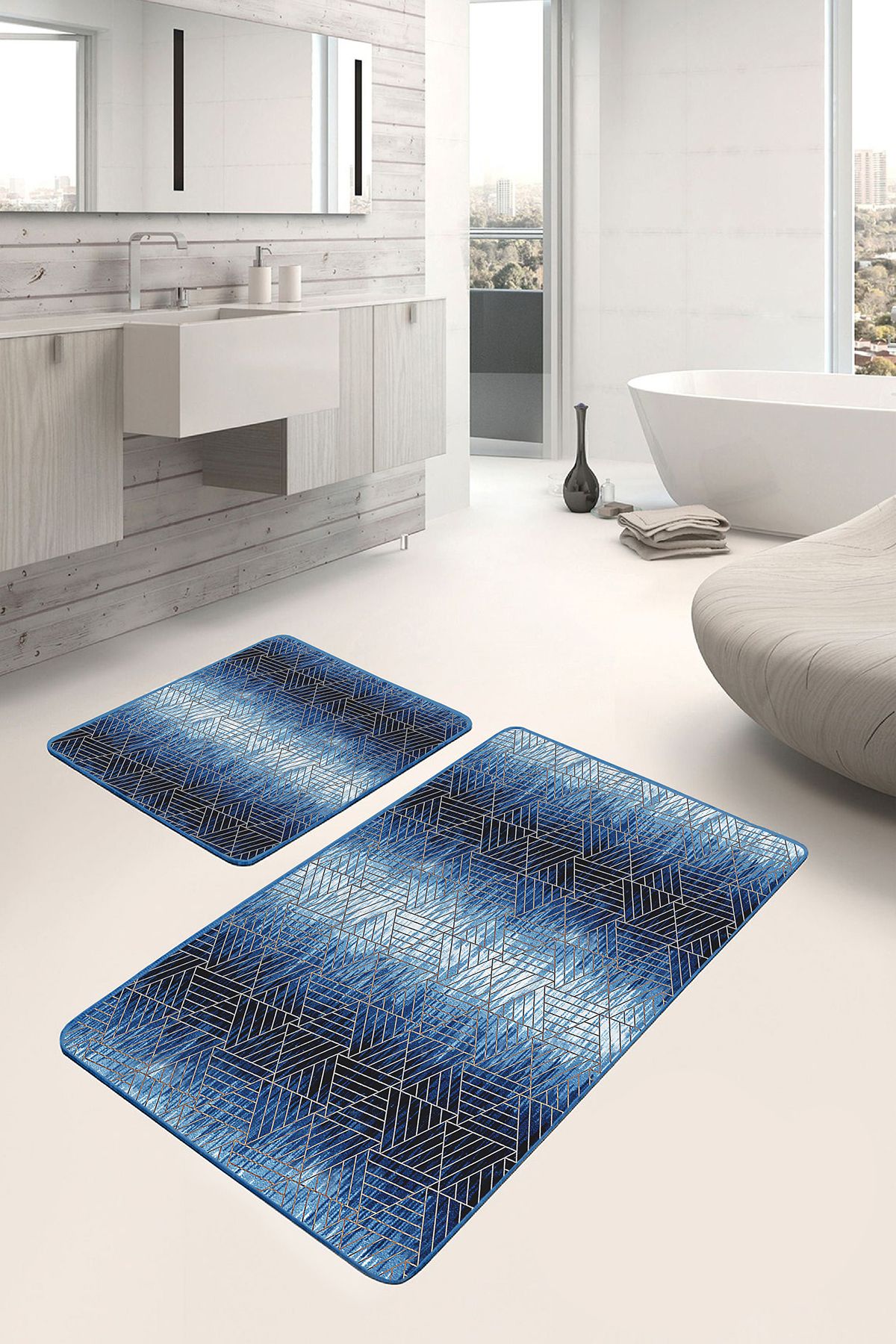 Realhomes 2'li Set Gold - Lacivert Zeminde Geometrik Motifli Üçgen Desenli Geometrik 2'li Banyo Paspas Takımı