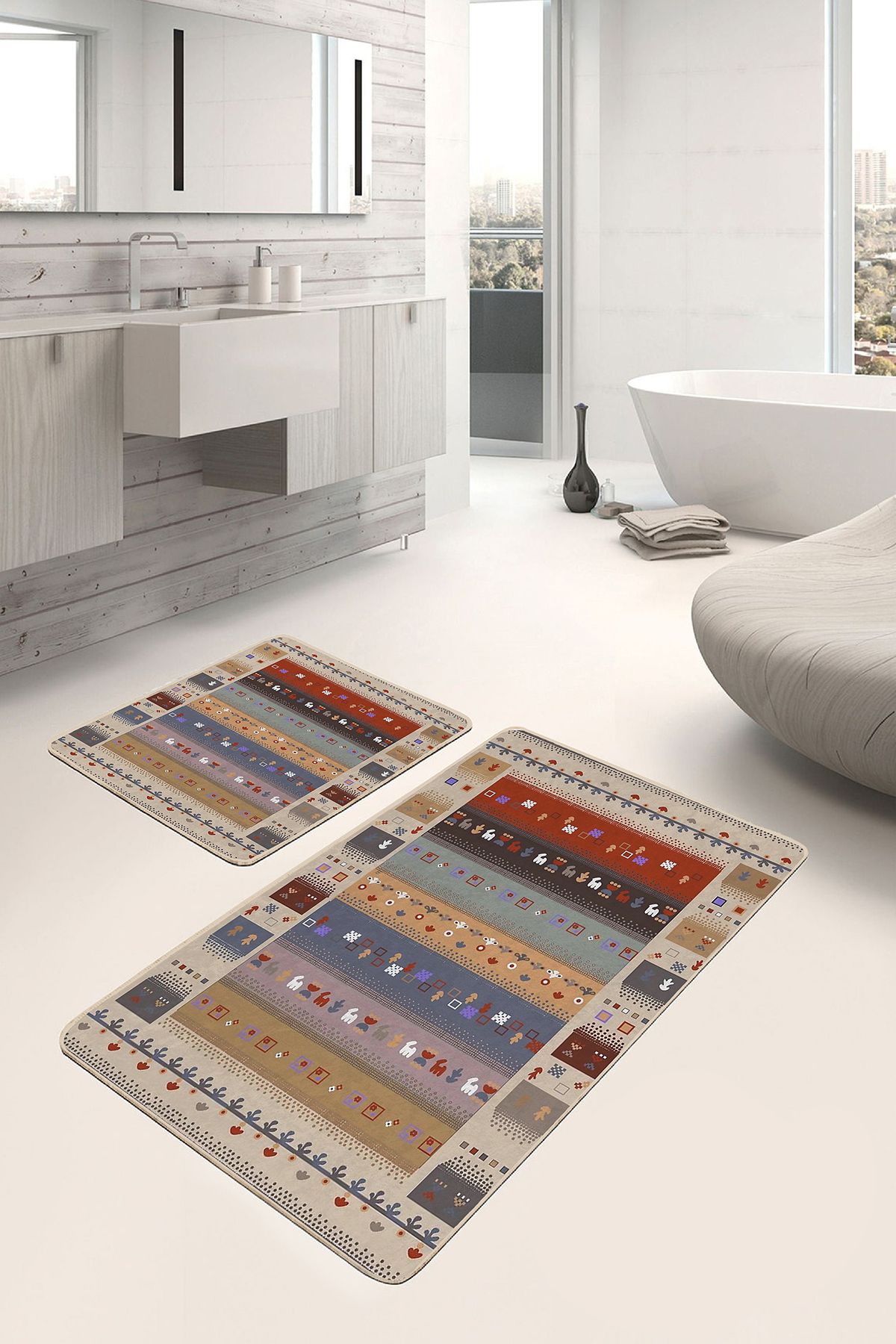 Realhomes Krem - Kırmızı Zeminde Otantik Motifli Kilim Desenli Etnik Motifler Vintage 2'li Banyo Paspas Takımı