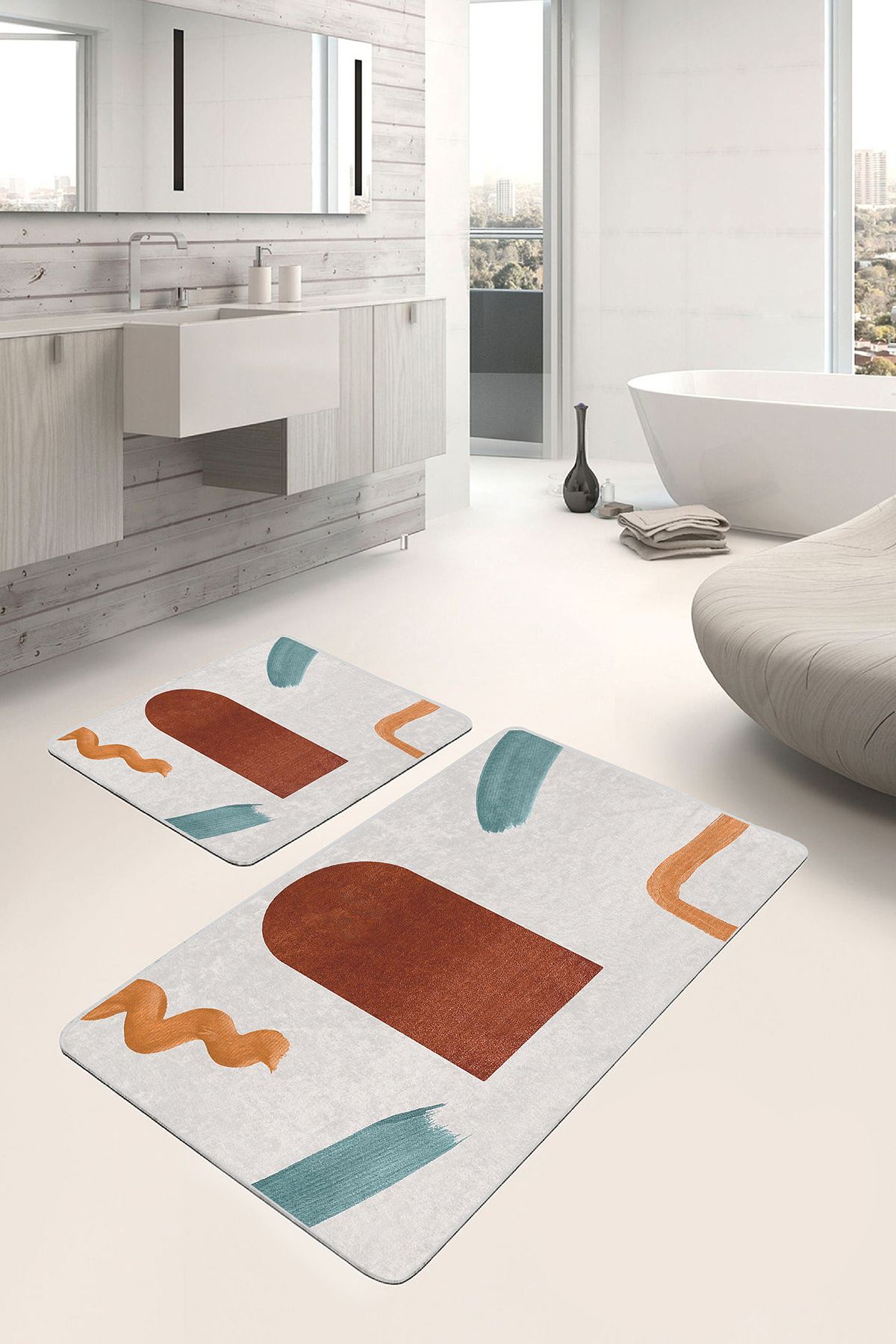 Realhomes Kiremit - Turkuaz Zeminde Modern Sanat Motifli Tablo Bohem Klasik 2'li Banyo & Mutfak Paspas Takımı