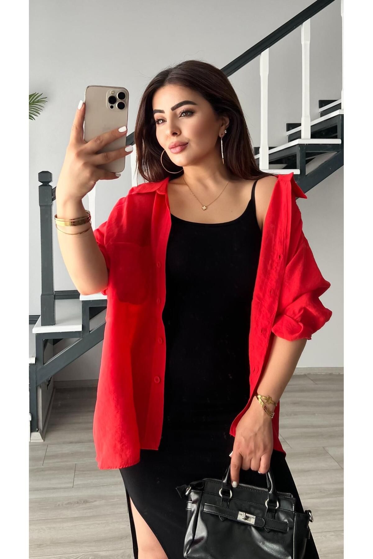 Oslove Kırmızı Oversize Tnsel Gömlek