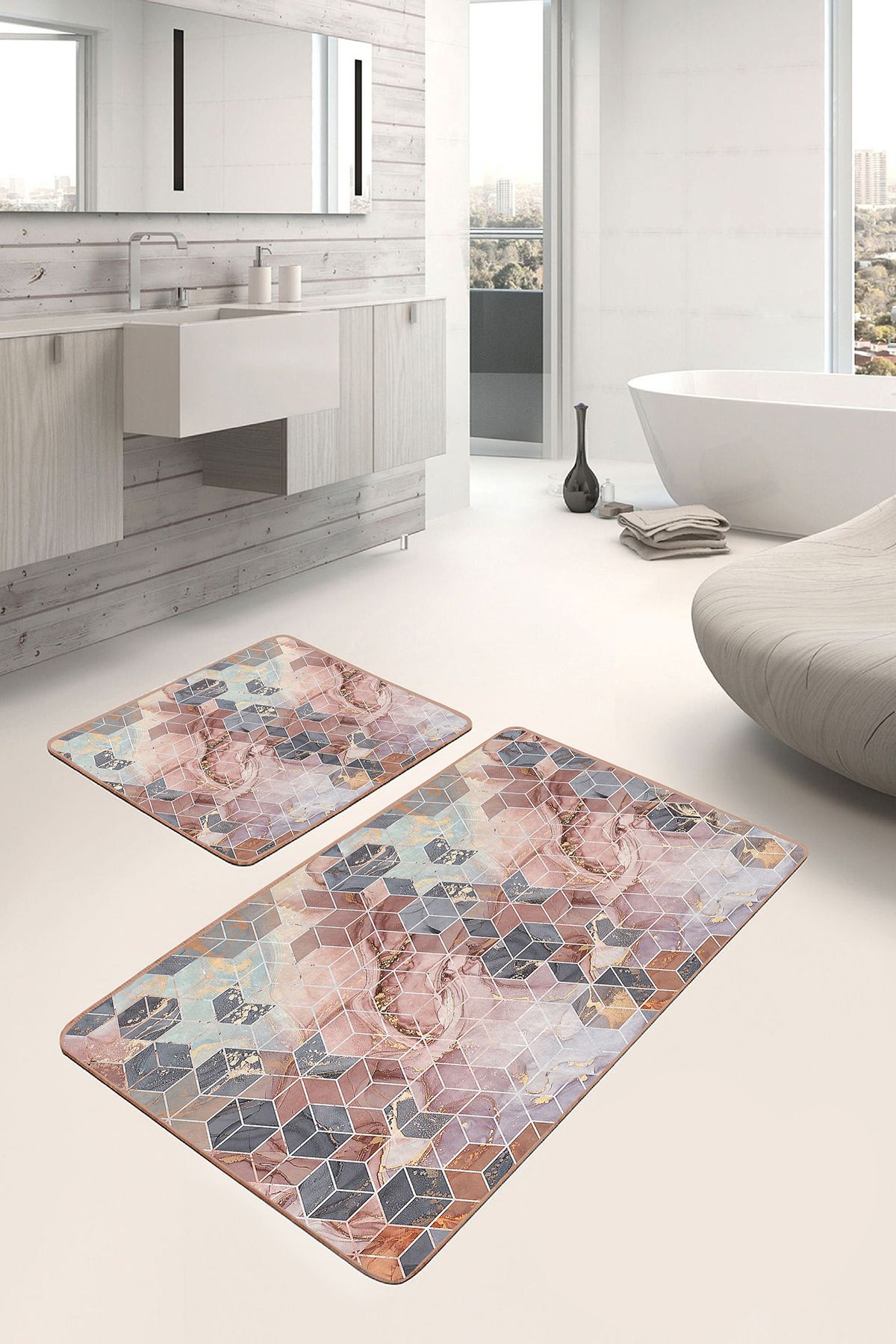 Realhomes 2'li Set Altın - Pembe Zeminde Mozaik Motifli Mermer Geometrik Modern 2'li Banyo Paspas Takım