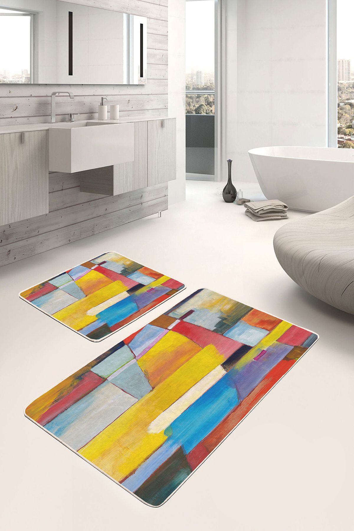 Realhomes 2'li Renkli Zeminde Soyut Motifli Sulu Boya Desenli Klasik Modern 2'li Banyo & Mutfak Paspas Takımı