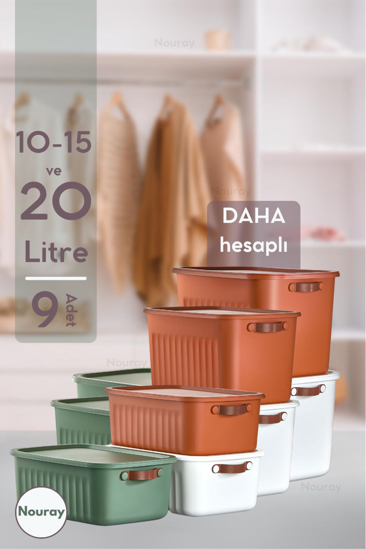 nouray 9ADET 3X10-3X15-3X20 LT Dekoratif Çok Amaçlı Dolap Içi Düzenleyici Kapaklı Kutu, Organizer.