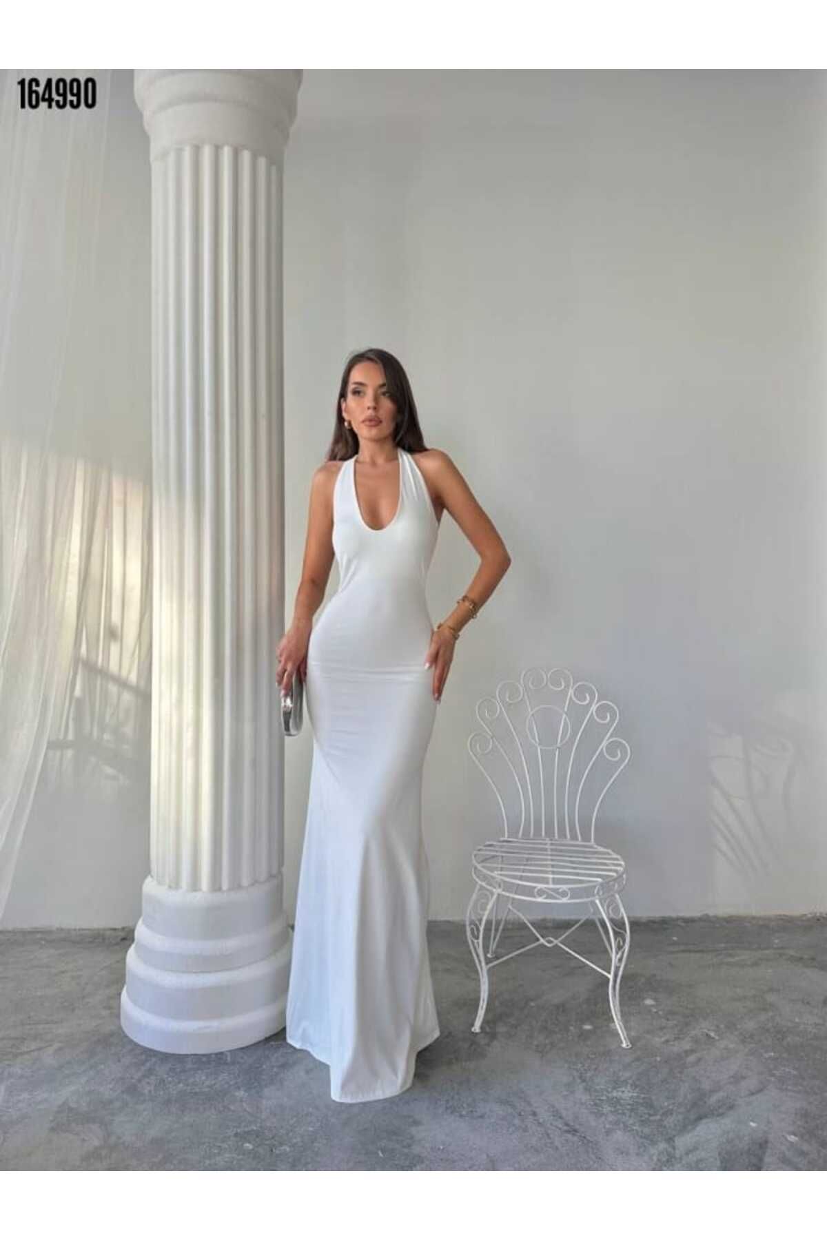 Cbm Maxi halter elbise Kırmızı Gül Figürlü Kolye hediye