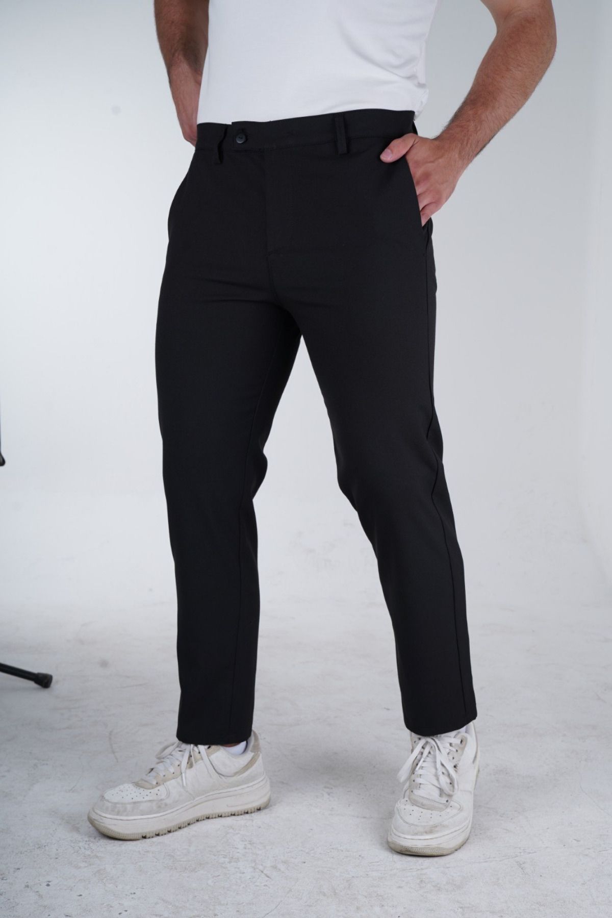 Geco Erkek Siyah Kaliteli Esnek Likralı Bilek Boy Rahat Kesim Slim Fit Kumaş Pantolon