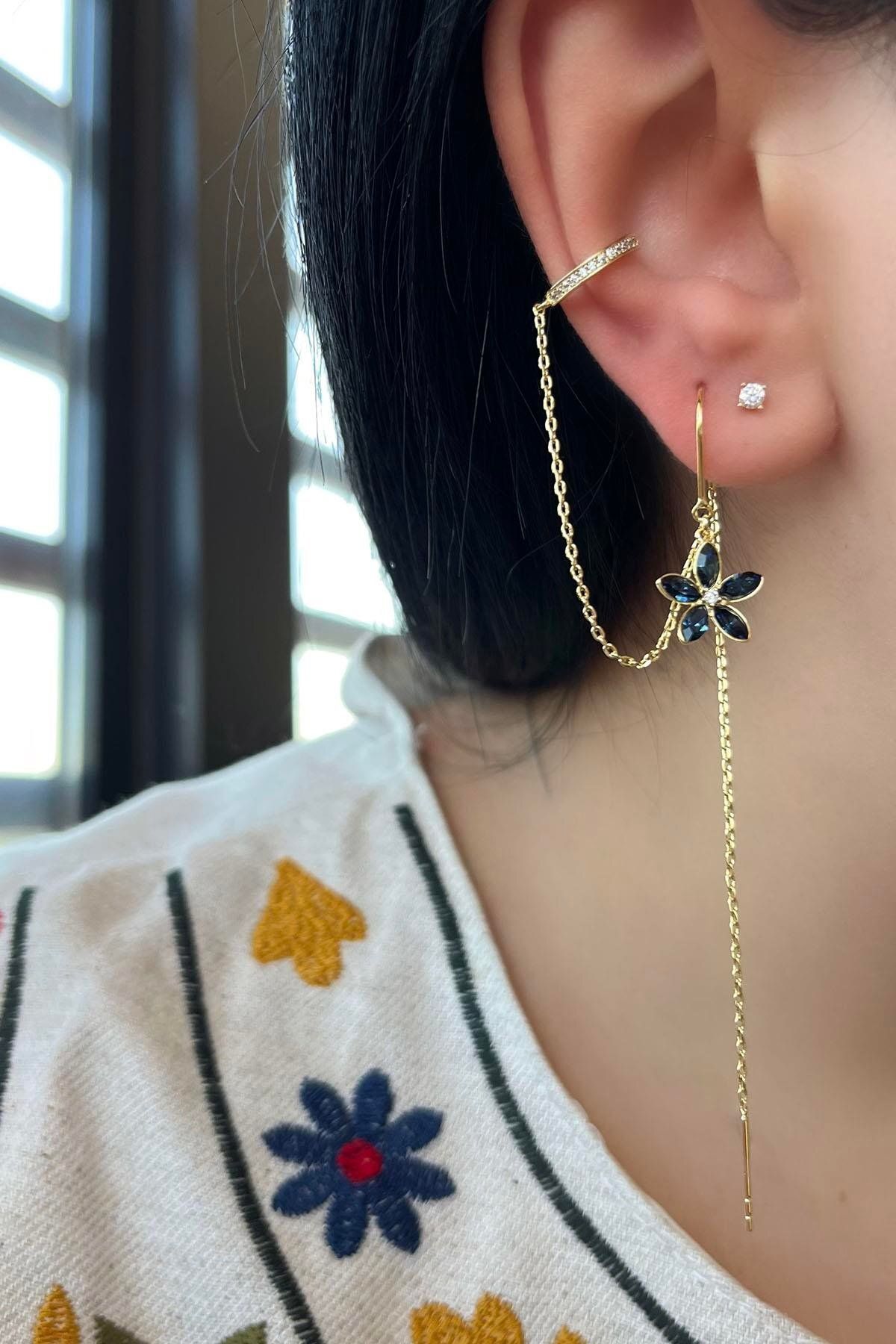 TAKIŞTIR Altın Renk Çiçek Figürlü Taş Detaylı Çelik Xuping Ear Cuff Ve Küpe Set