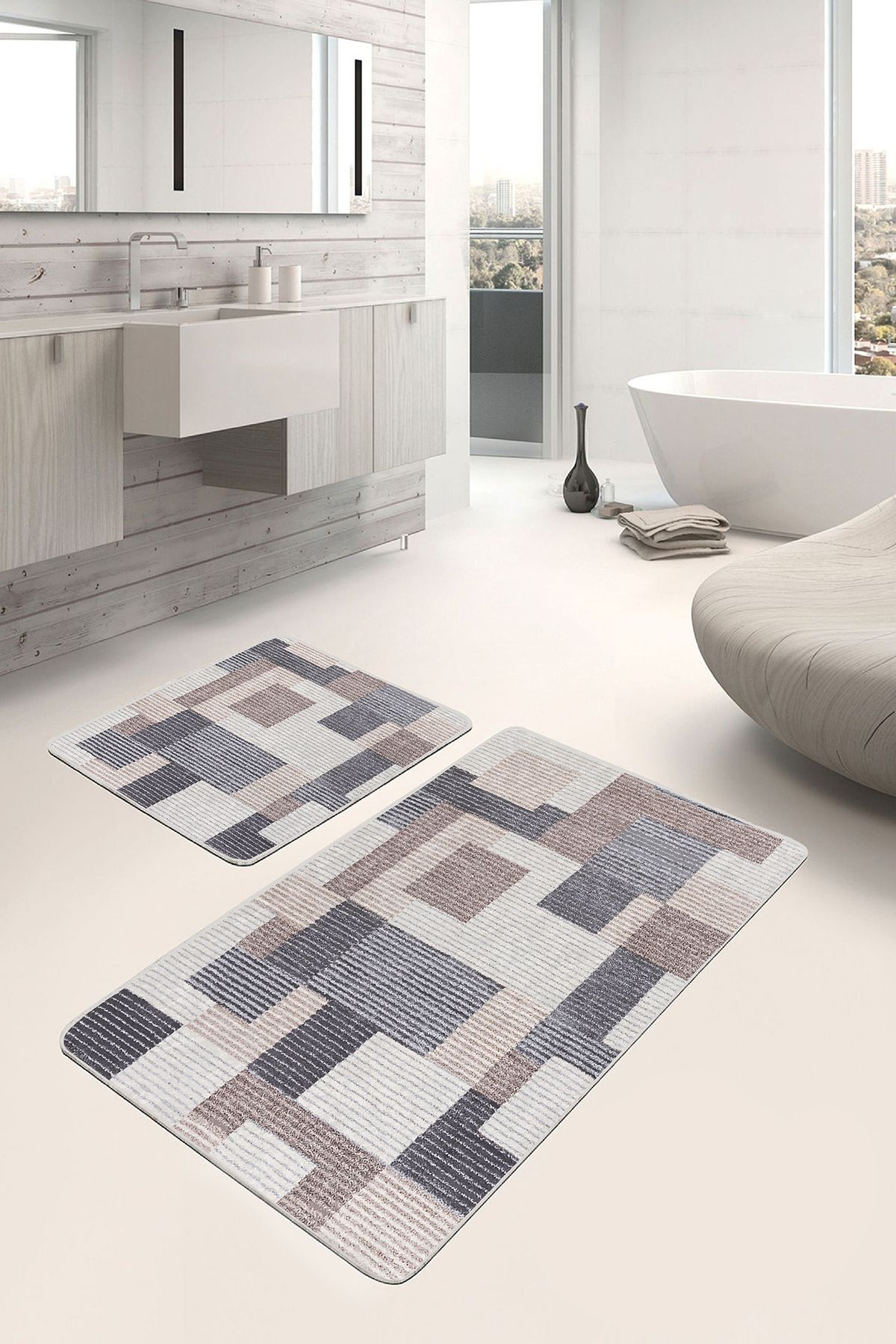 Realhomes 2'li Set Kahverengi - Gri Zeminde Örme Motifli Halı Sade & Şık Klasik 2'li Banyo Paspas Takımı