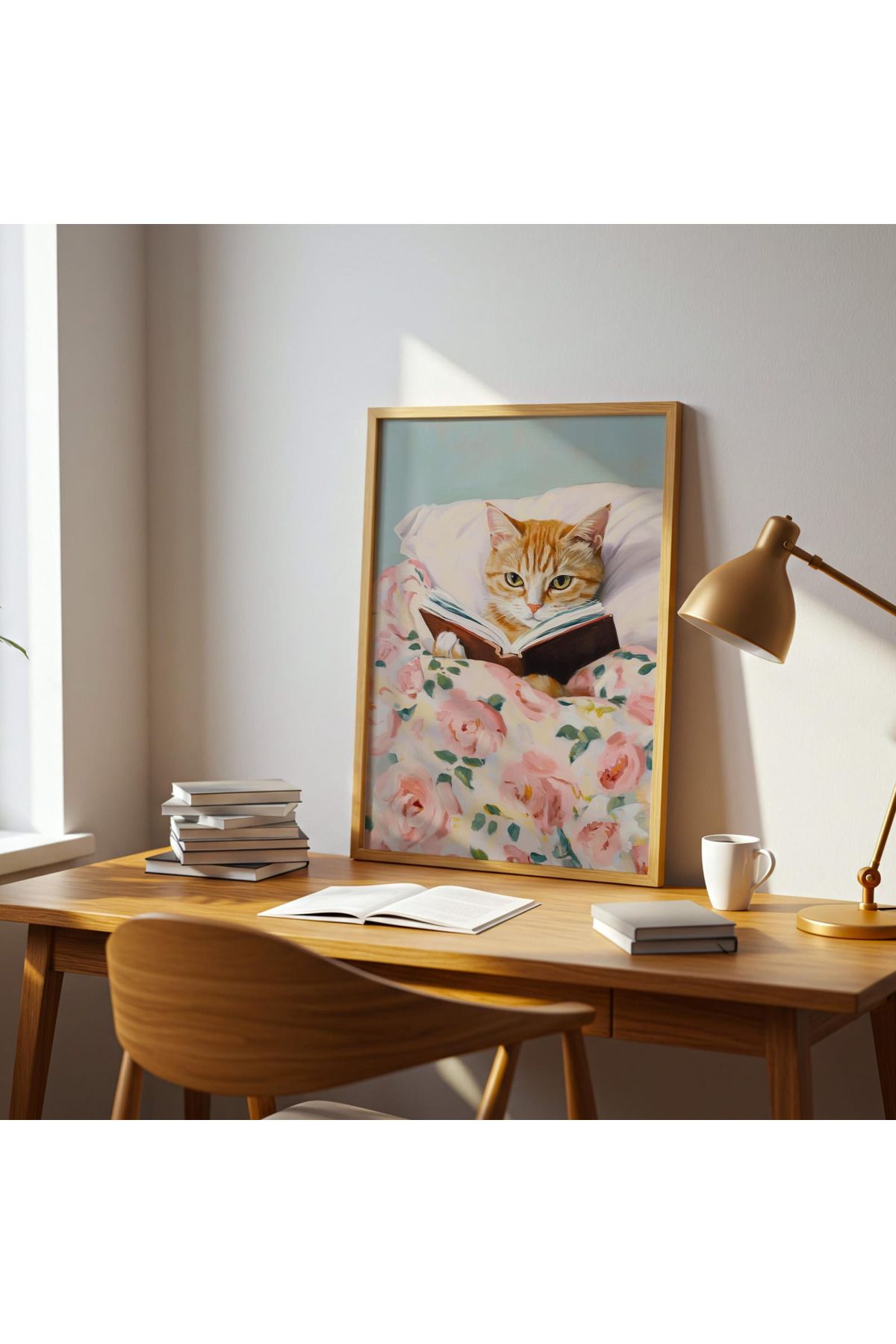 woodhomeworks tek parça kitap okuyan turuncu tekir kedim salon ofis dekor tablo