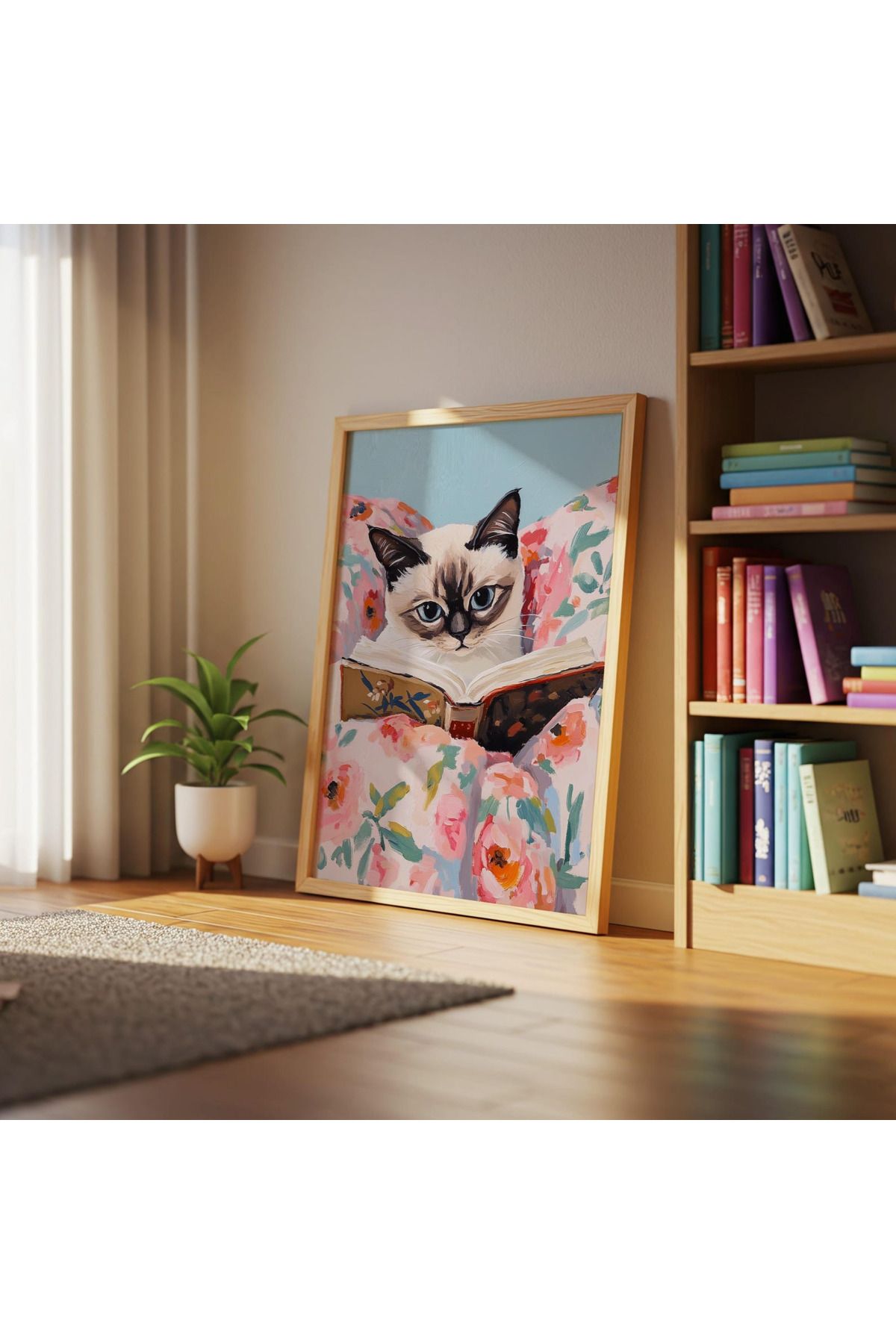 woodhomeworks kitap okuyan kedi tek parça salon ofis dekor tablo