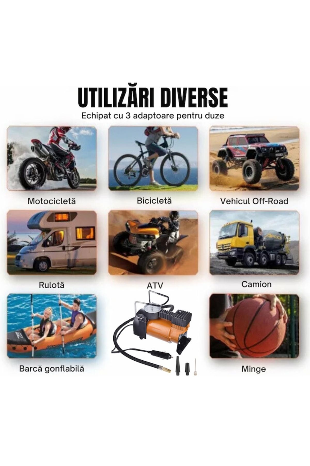 varioshop-Compresor auto portabil VarioShop®, 12V, 150 PSI, 10 BAR, cu manometru si accesorii pentru umflat r 3
