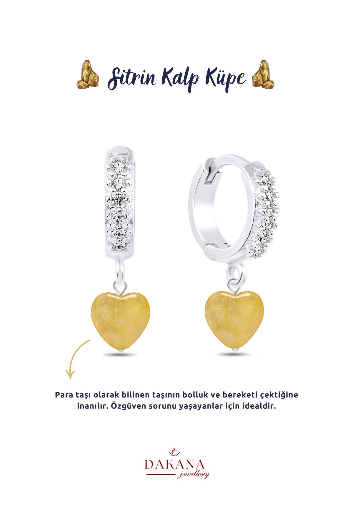 DAKANA JEWELLERY Sertifikalı Kalp Stil Sitrin Doğal Taş Gümüş Küpe