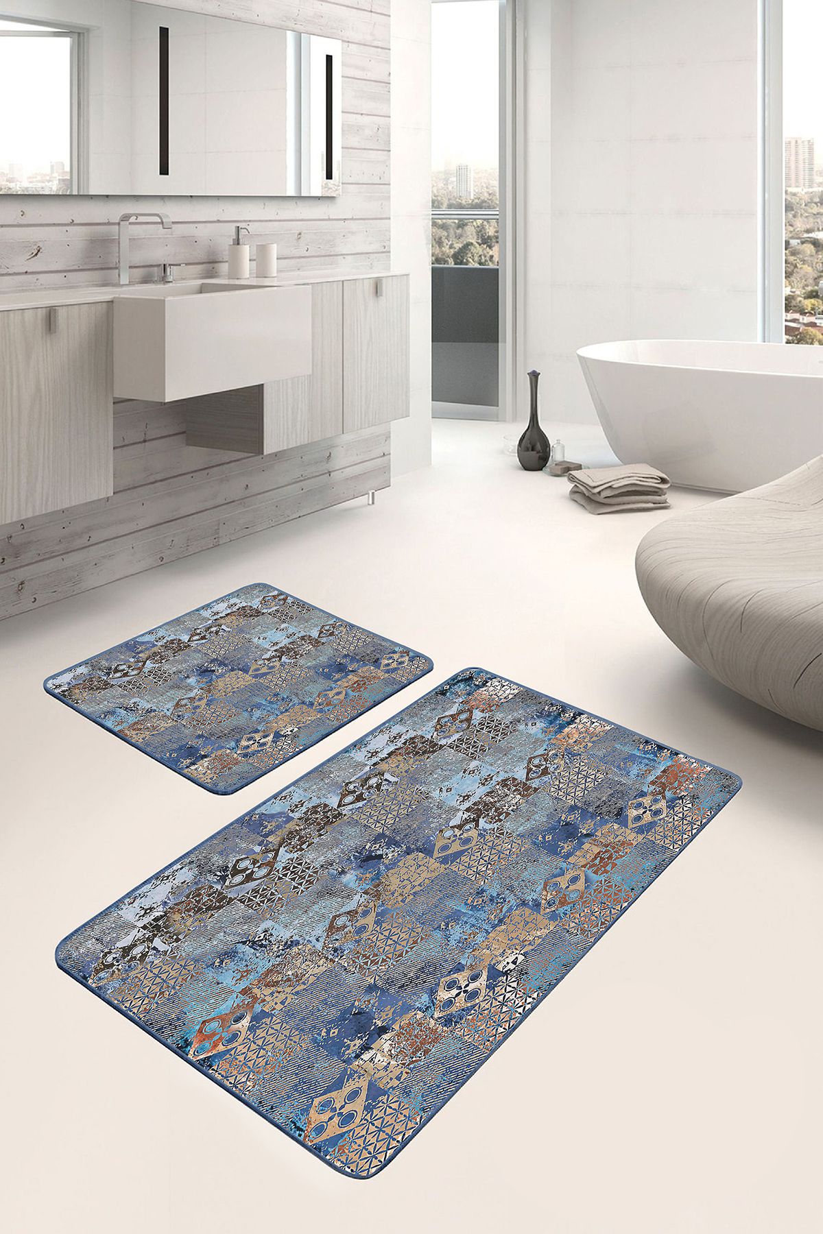 Realhomes 2'li Set Gold - Mavi Zeminde Kanvas Motifli Etnik Klasik Eskitme Motifli 2'li Banyo Paspas Takımı