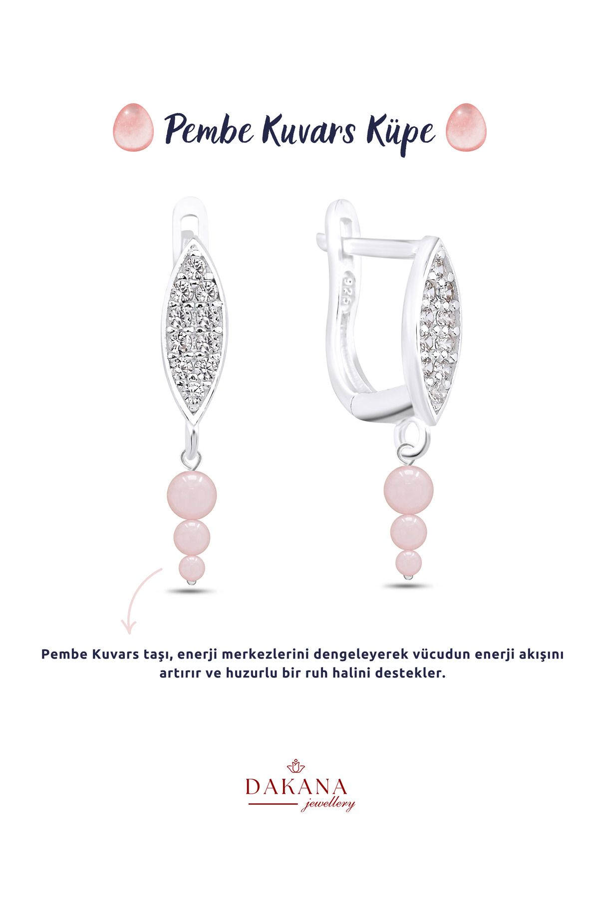 DAKANA JEWELLERY Sertifikalı Üç Boy Pembe Kuvars Doğal Taş Gümüş Küpe