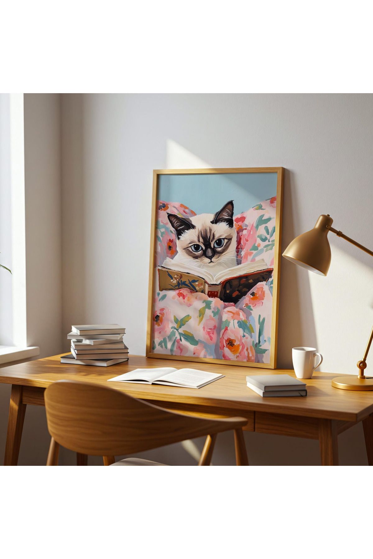 woodhomeworks tek parça kitap okuyan siyam kedi salon ofis dekor tablo