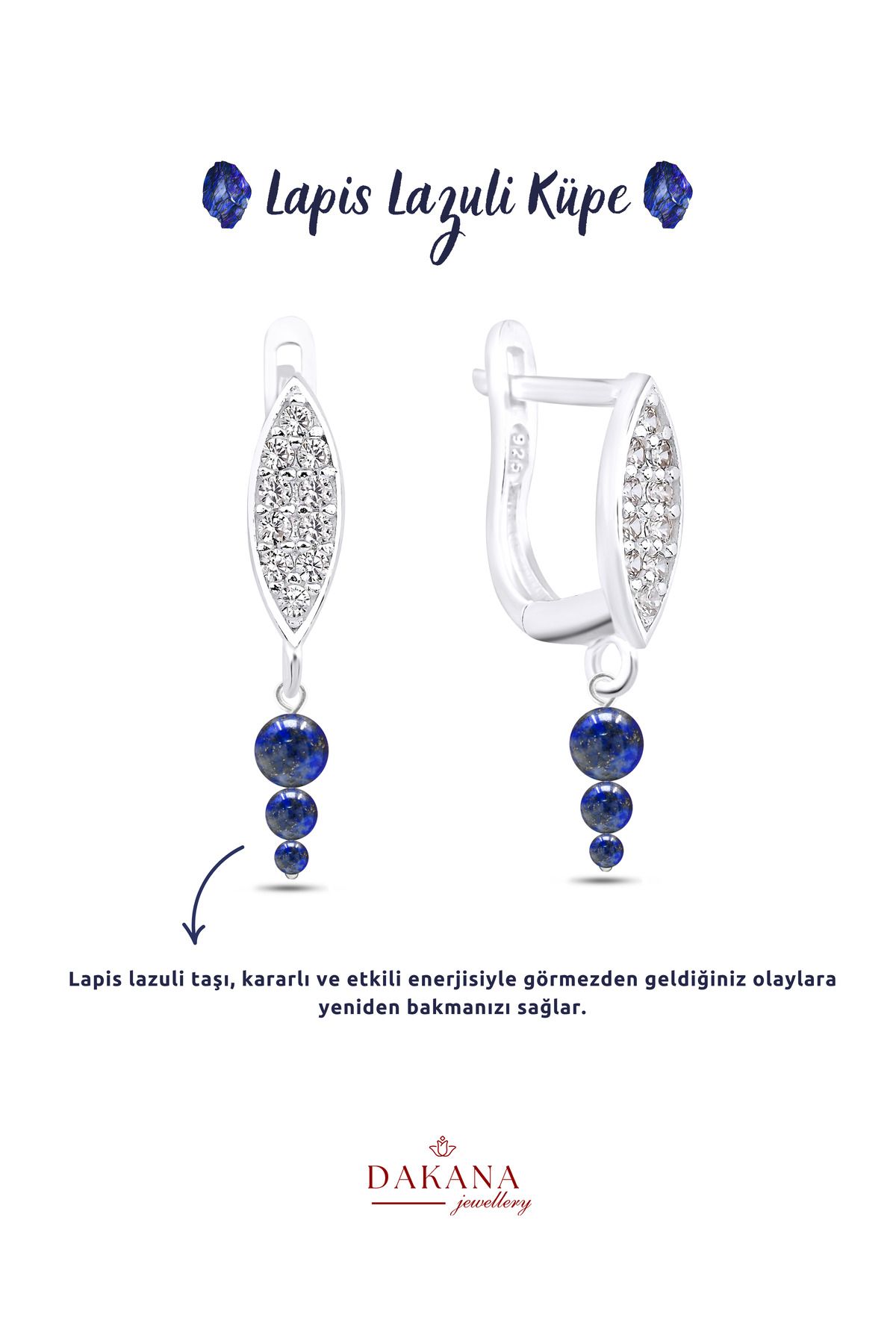 DAKANA JEWELLERY Sertifikalı Üç Boy Lapis Lazuli Doğal Taş Gümüş Küpe