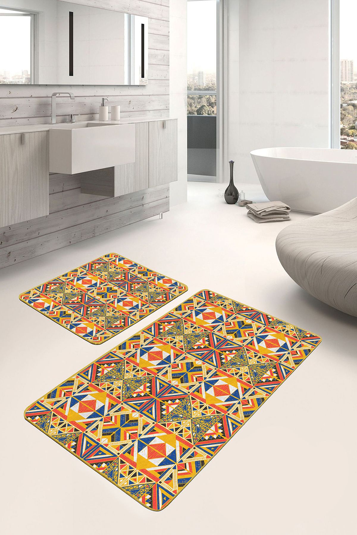 Realhomes Lacivert - Hardal Zeminde Etnik Motifli Tribal Geometrik Etnik Motifler 2'li Banyo Paspas Takımı