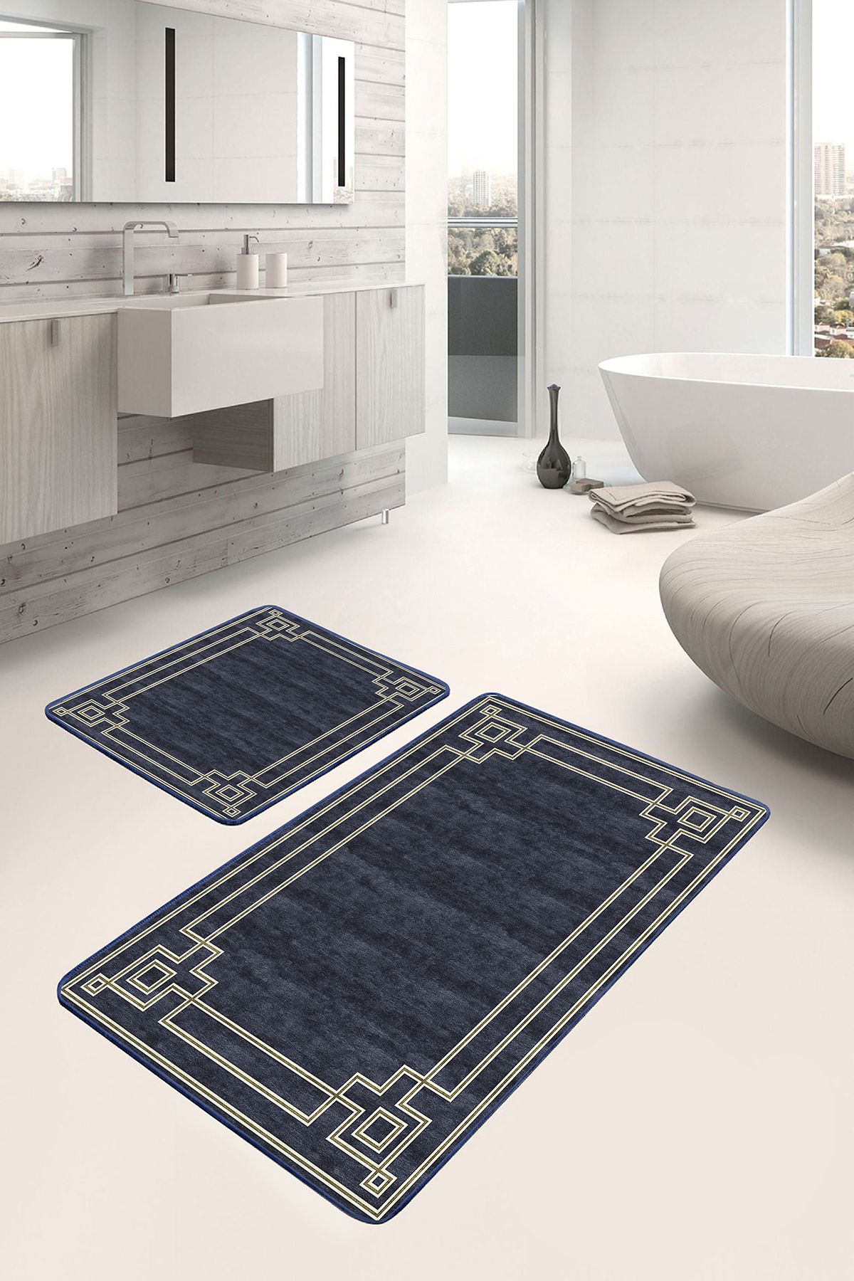 Realhomes 2'li Set Lacivert Zeminde Çerçeveli Motifli Rustik Geometrik Avangarde 2'li Banyo Paspas Takımı
