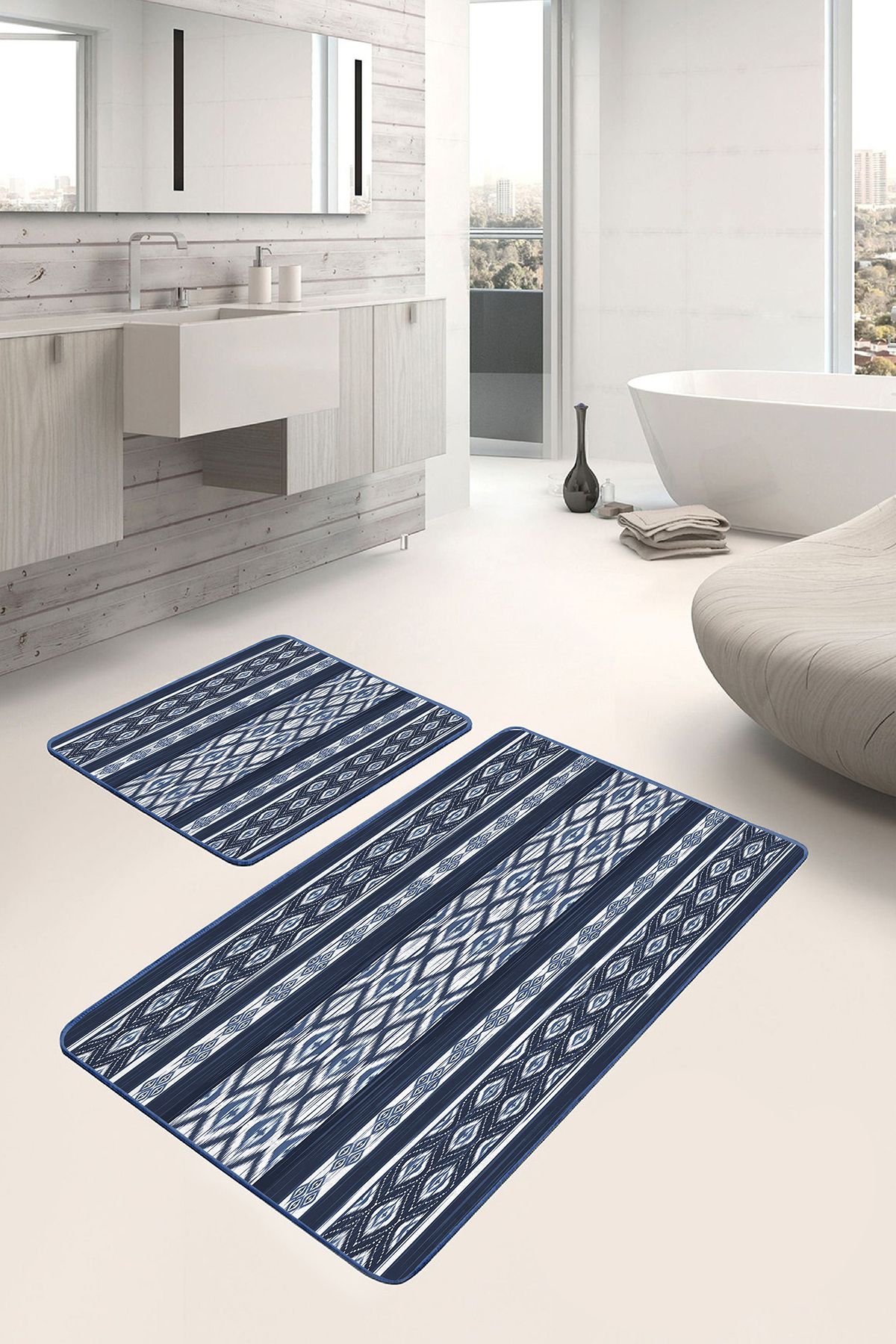 Realhomes 2li Set Lacivert Zeminde Etnik Motifli Kilim Desenli Vintage Etnik Motifler 2'li Banyo Paspas Takımı