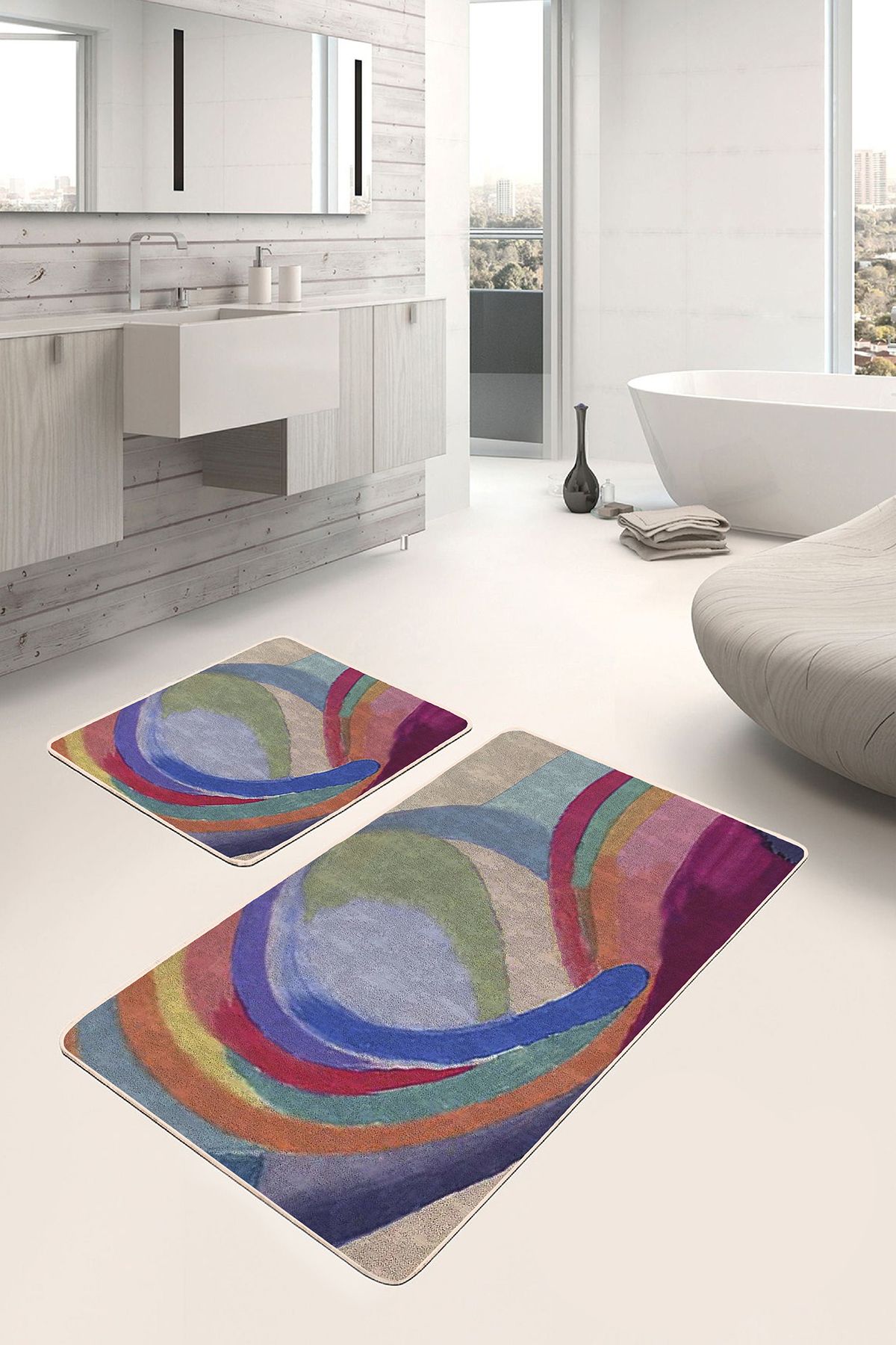 Realhomes 2'li Set Bej Zeminde Sulu Boya Motifli Modern Sanat Desenli Modern 2'li Banyo & Mutfak Paspas Takımı