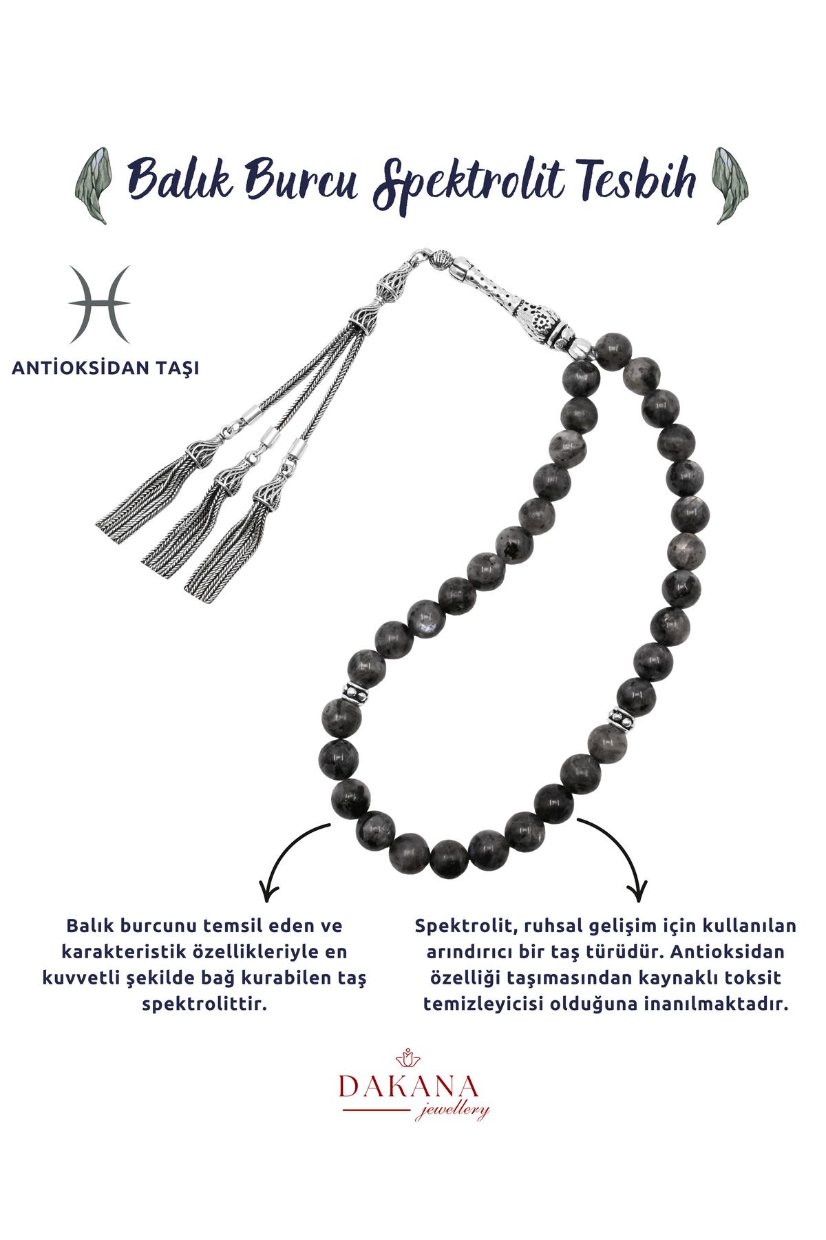 DAKANA JEWELLERY Sertifikalı Spektrolit Taşı Balık Burcu Gümüş Doğal Taş Tesbih
