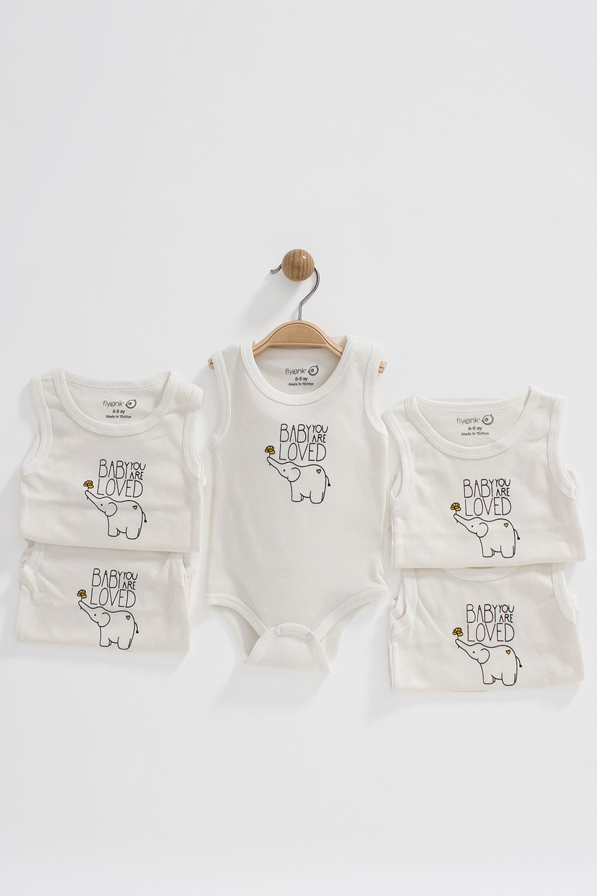 bukko Kız Erkek Bebek Çıtçıtlı Body (Badi) Zıbın Askılı 5li Avantajlı Paket (Filli Baby you are loved)