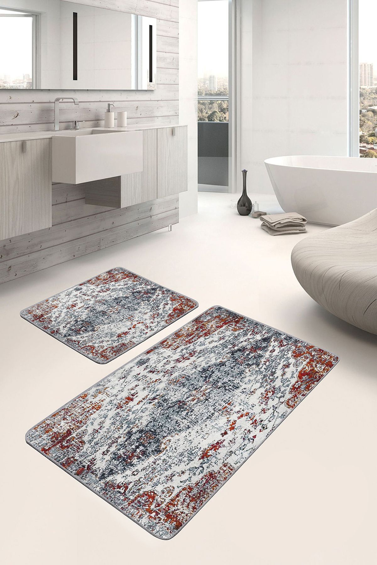Realhomes Kırmızı - Beyaz Zeminde Antik Motifli Yöresel Eskitme Motifli Avangarde 2'li Banyo Paspas Takımı