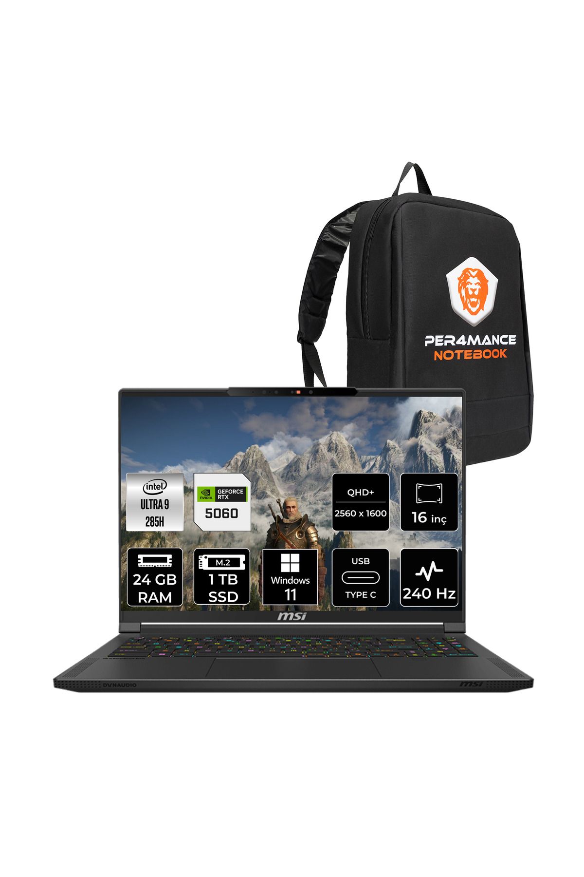 MSI Stealth 16 AI Ultra 9 285H 24GB 1TB SSD RTX5060/8GB 240Hz WQXGA 16'' W11P A2HWFG Gaming Laptop