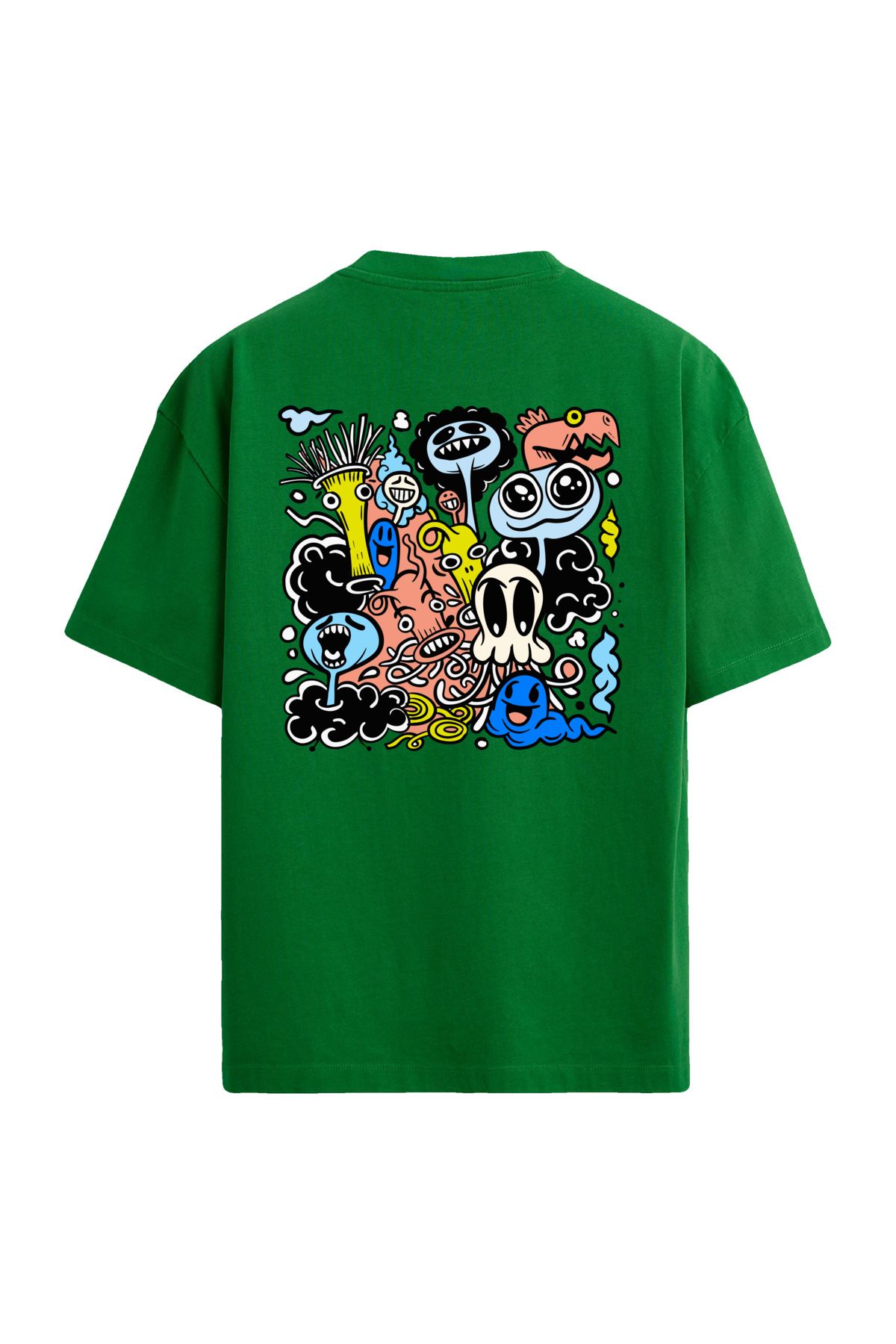 Colermi Renkli İllüstrasyon Sırt Baskılı Oversize Yeşil T-Shirt