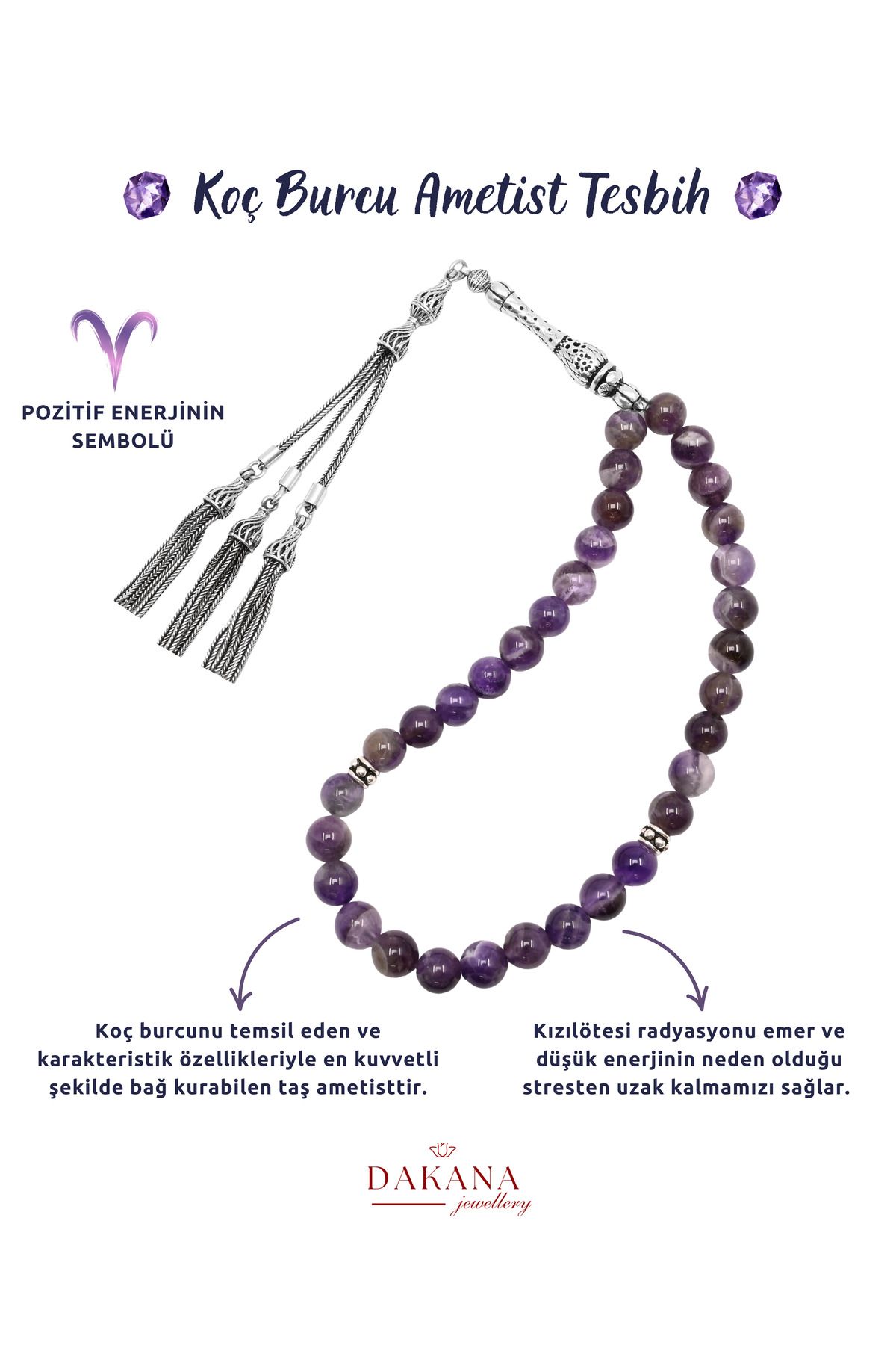 DAKANA JEWELLERY Sertifikalı Ametist Taşı Koç Burcu Gümüş Doğal Taş Tesbih
