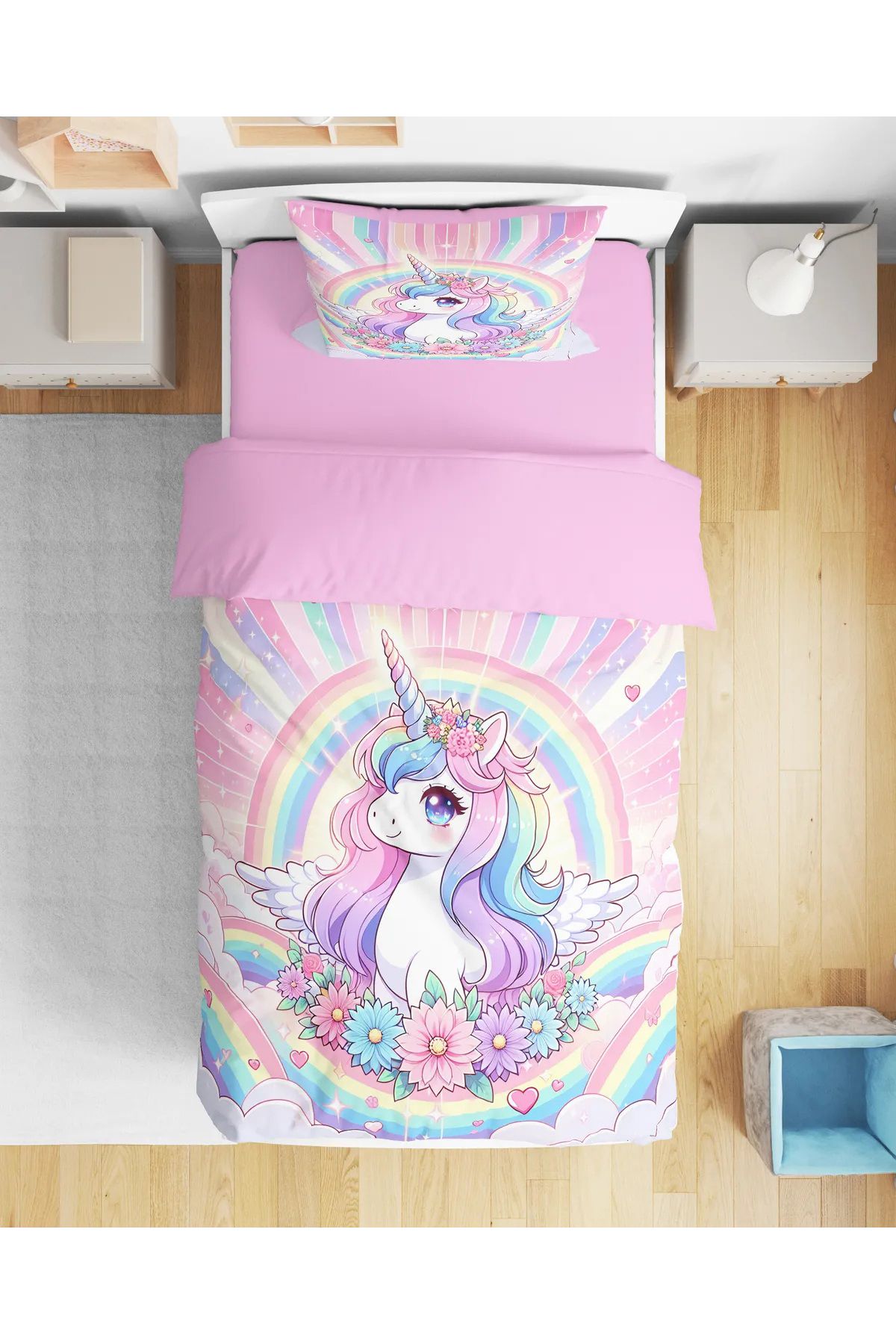 Erays Home Unicorn 3d Dijital Baskılı Tek Kişilik Çarşafsız Kız Çocuk Nevresim Takımı Genç Nevresim Takımı