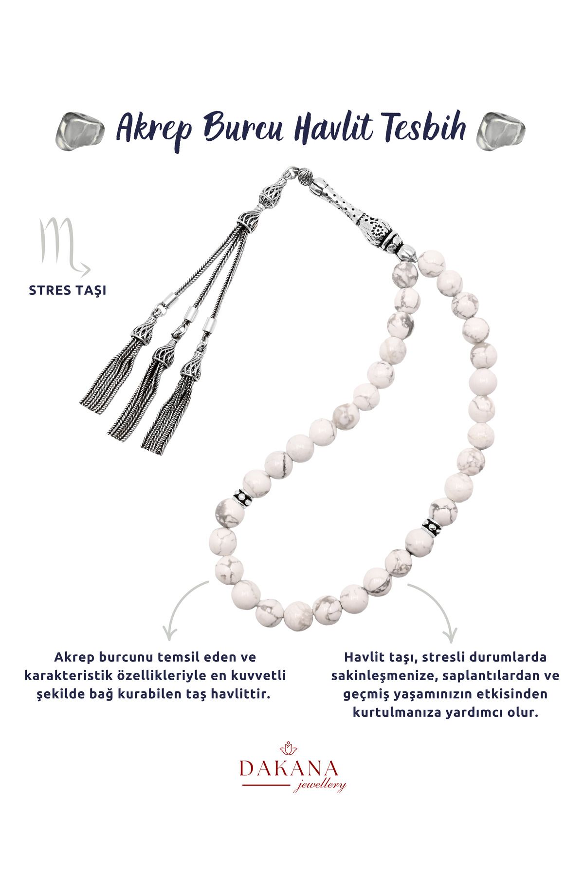 DAKANA JEWELLERY Sertifikalı Havlit Taşı Akrep Burcu Gümüş Doğal Taş Tesbih