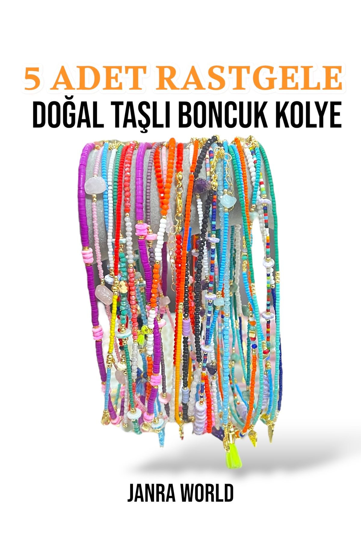 JANRA WORLD 5 Adet Rastgele Doğal Taşlı Boncuk Kolye - Kadın Yazlık Renkli Kolye Seti Arkadaşlık Kolyesi