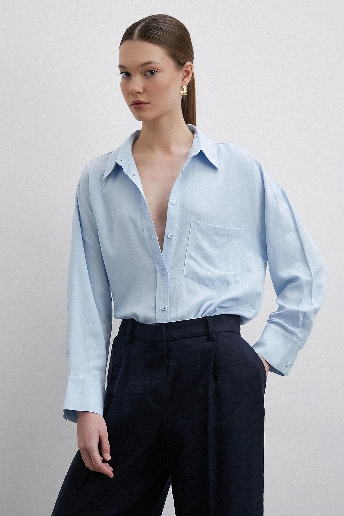TRENDQUEL Keten Karışımlı Linen Prunes Gömlek Mavi