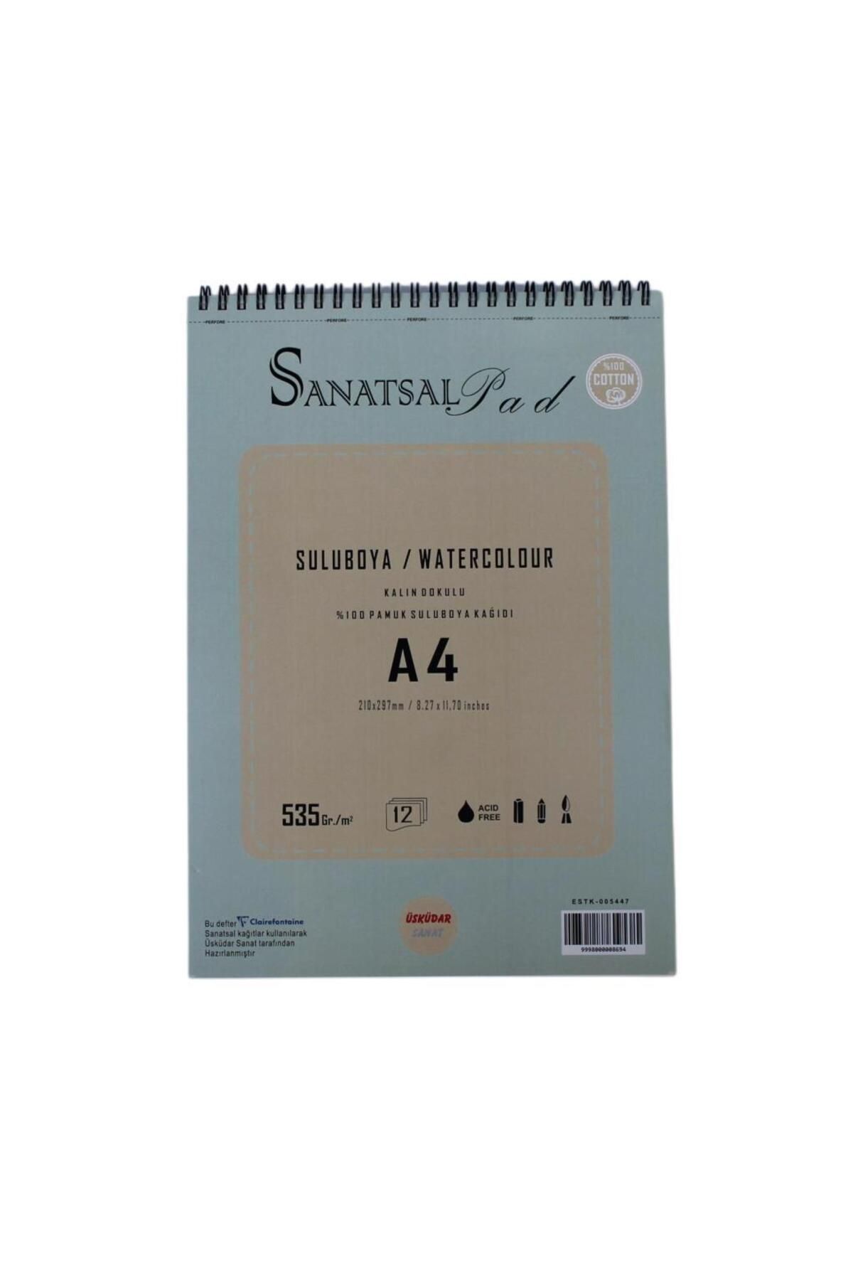 ÜSKÜDAR SANAT Sanatsal Pad Sulu Boya Resim Defteri A4 535gr 12 Yaprak Spiralli