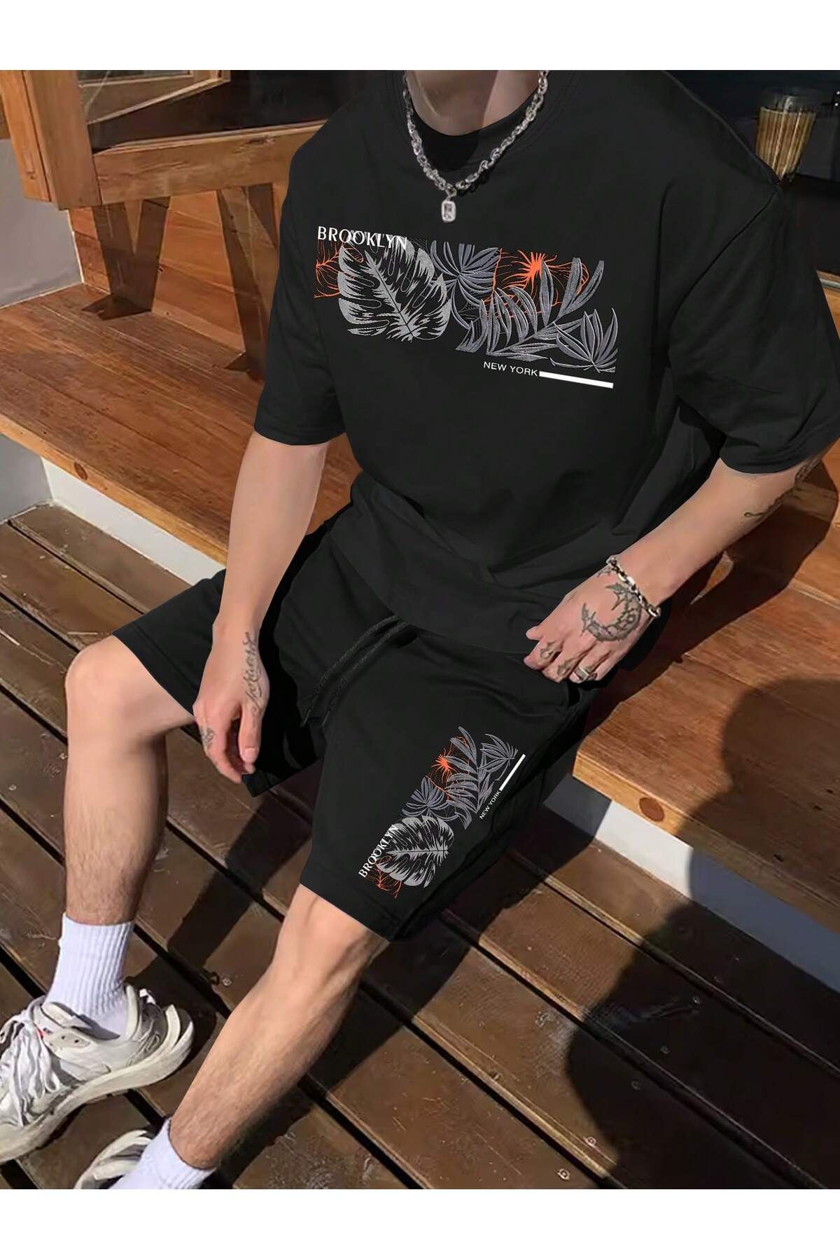 LUNAVISTA Men's Casual Plant and Letter Print T-Shirt and Shorts Set