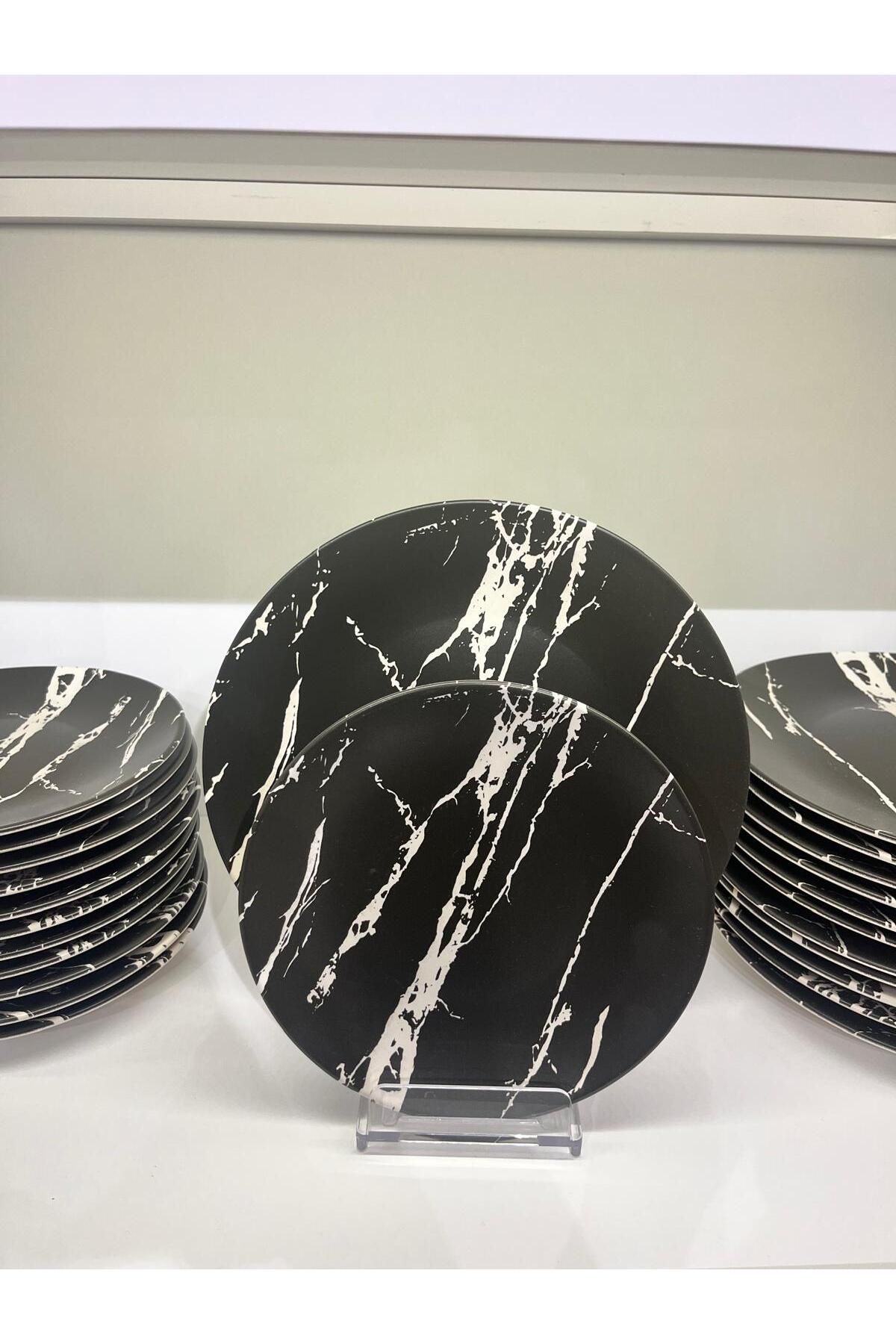 CG Home Züccaciye Keramika Mat Siyah Mermer Desenli 20cm Pasta Tabağı