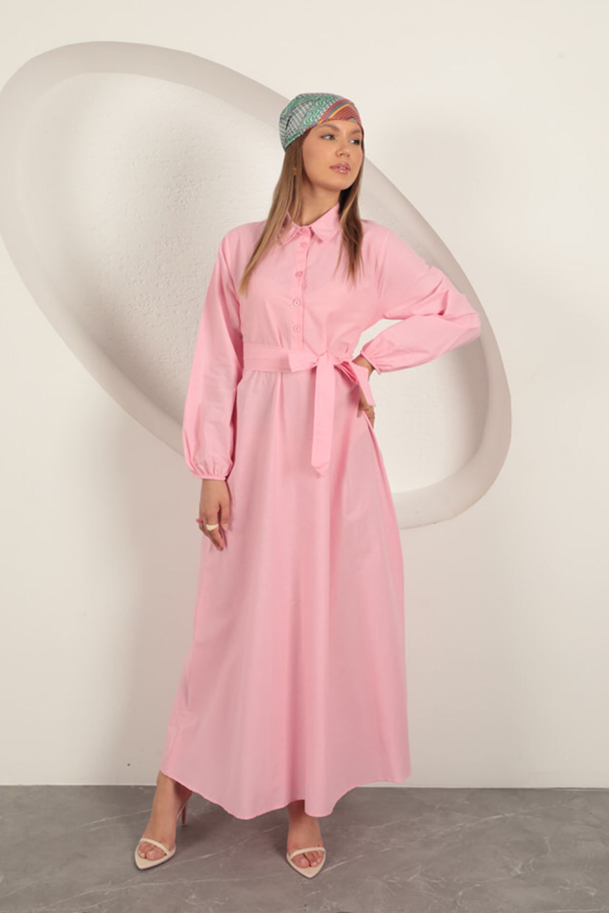 delta online Poplin Kumaş Bağlama Detaylı Elbise-Pembe - M