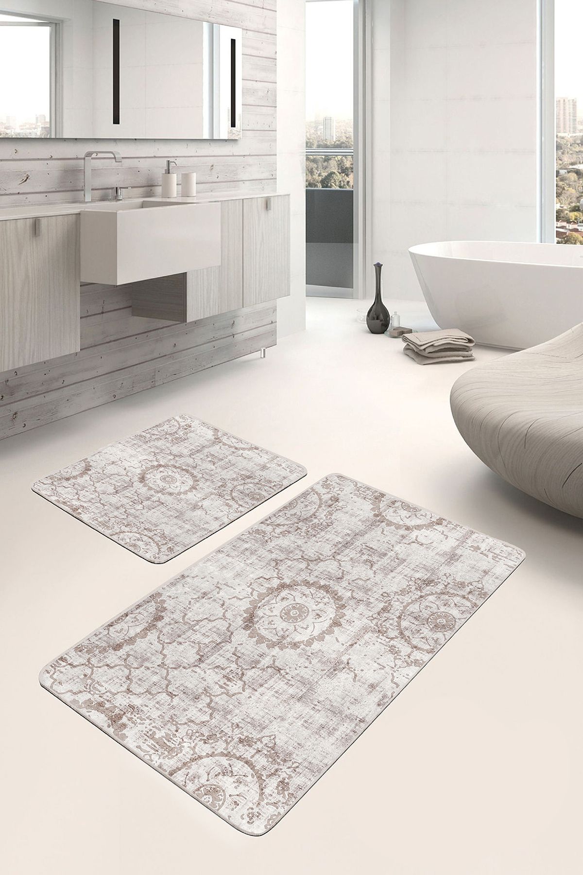 Realhomes 2'li Set Krem Zeminde Retro Motifli Geleneksel Eskitme Motifli Avangarde 2'li Banyo Paspas Takımı