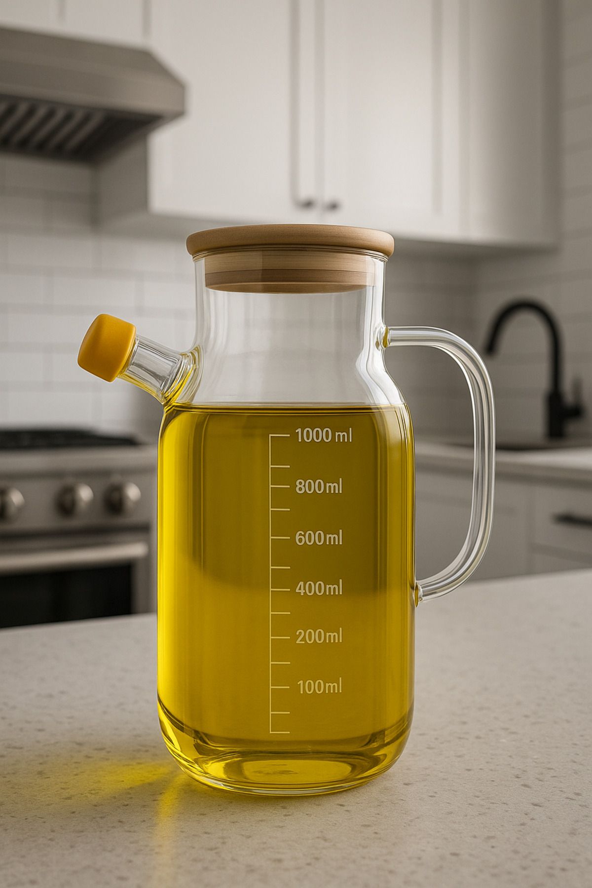 Makri 1000 ml Cam Yağdanlık — Bambu Kapaklı, Ölçekli, Silikon Tıpalı
