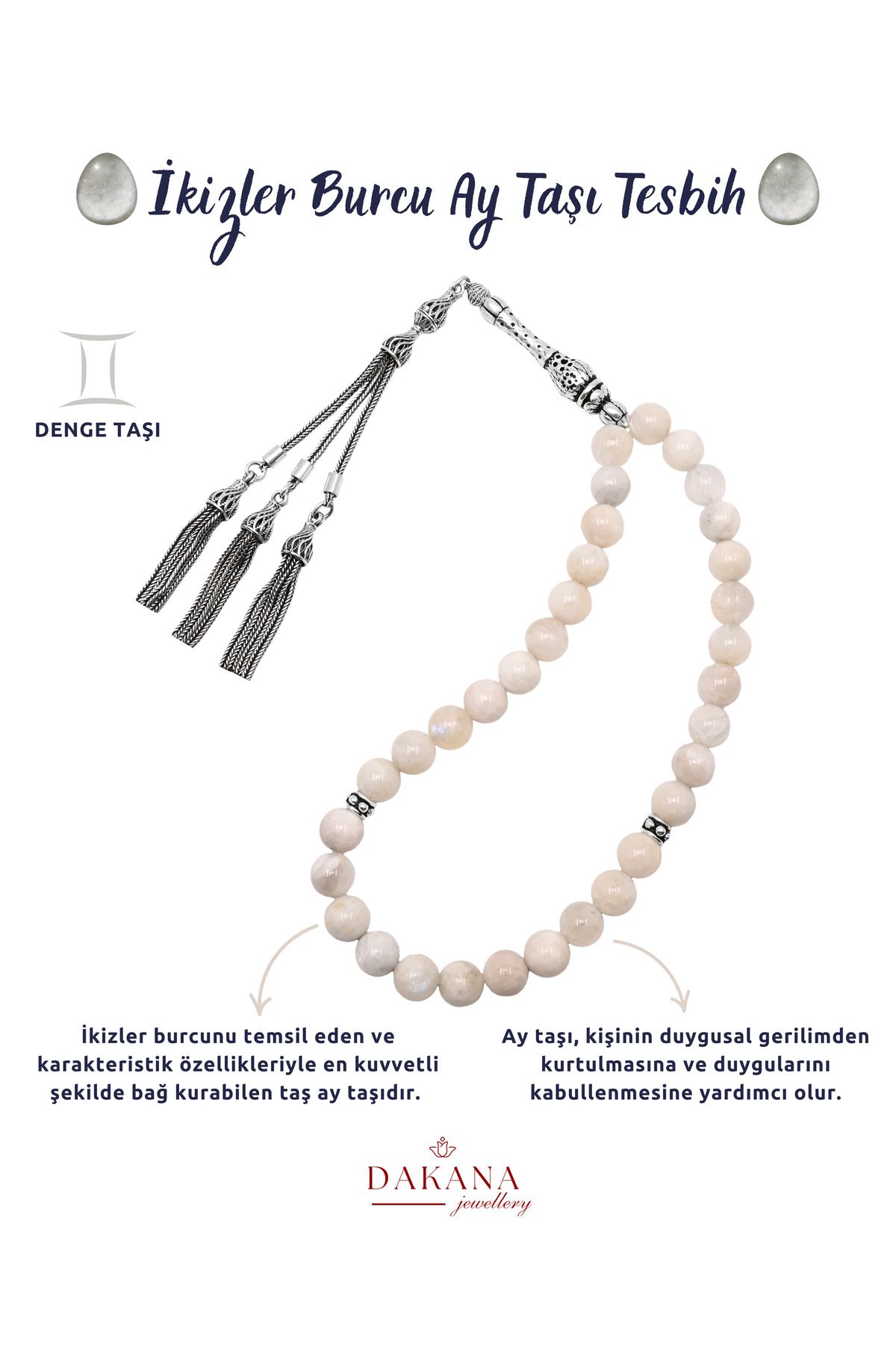 DAKANA JEWELLERY Sertifikalı Ay Taşı İkizler Burcu Gümüş Doğal Taş Tesbih