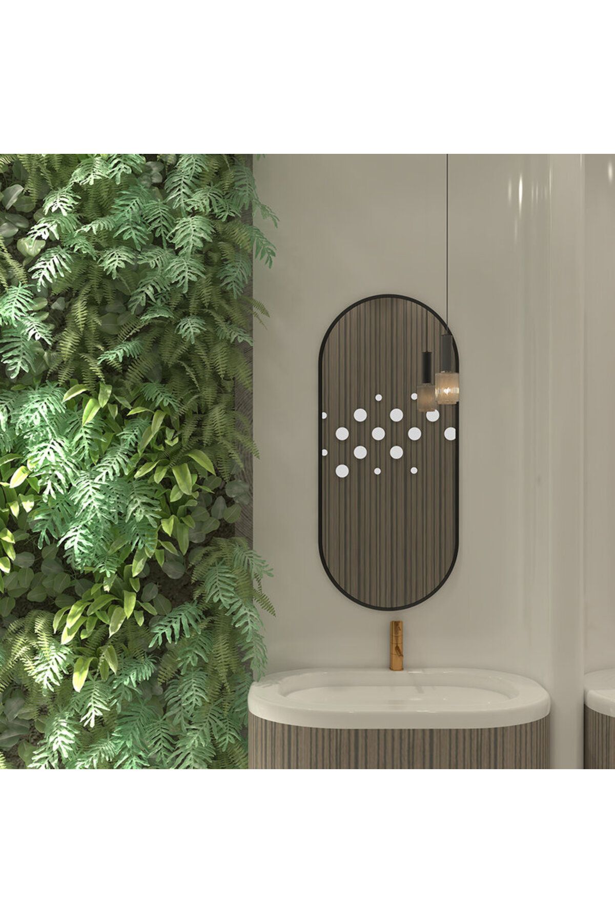Aypars Atölye Oval Duvar Aynası – Siyah Çerçeveli Grafik Tasarım Ayna, Doğal Konsept Banyo Dekoru