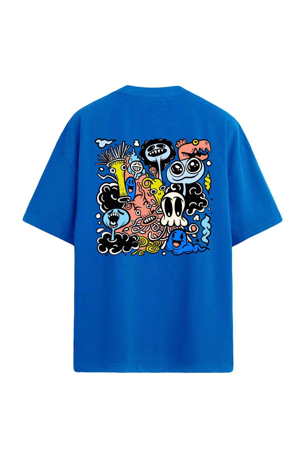 Colermi Renkli İllüstrasyon Sırt Baskılı Oversize Mavi T-Shirt